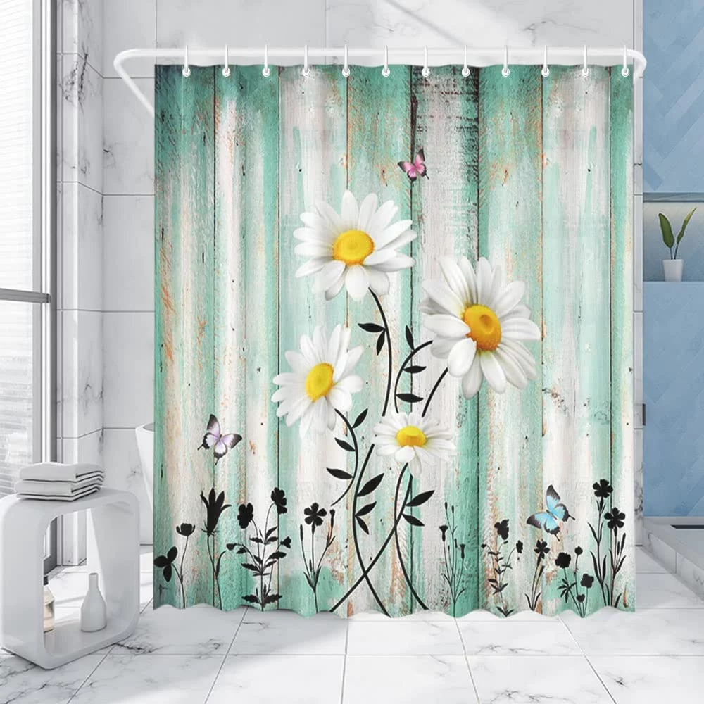 SPXUBZ Rustic Daisy Shower Curtain Blue Wooden Wall Floral Farmhouse Bathroom Spring Waterproof Fabric with 12 Hooks 72x72 inch