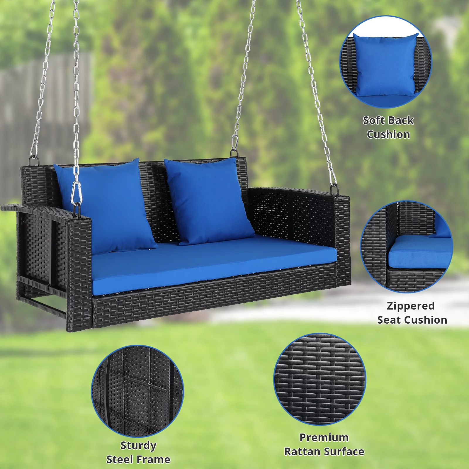 49in Black Rattan   Blue Cushion Rattan Swing Chair（Swing frames not included）