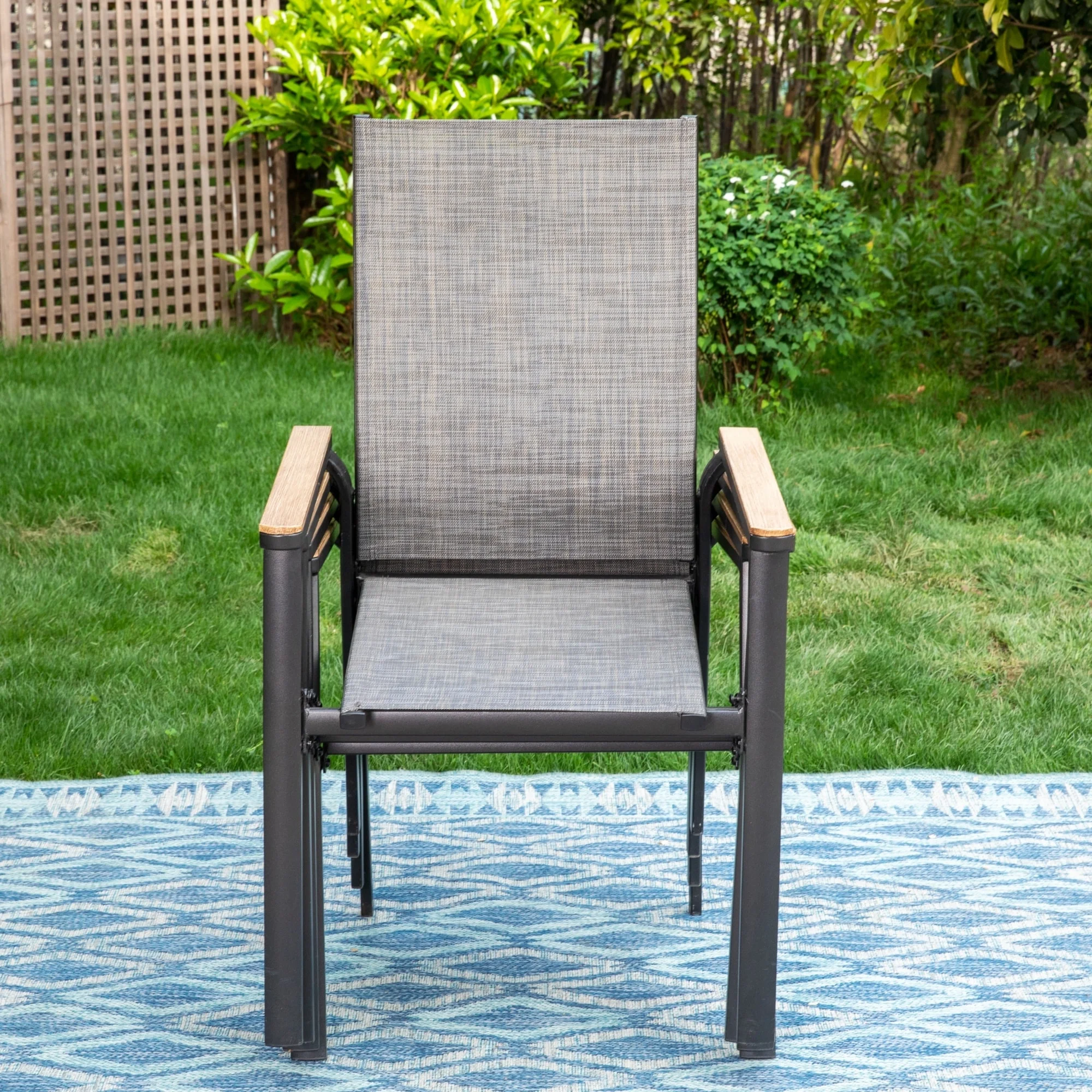 4 Pieces Aluminium Stackable Patio Dining Chairs with Wooden Armest Grey