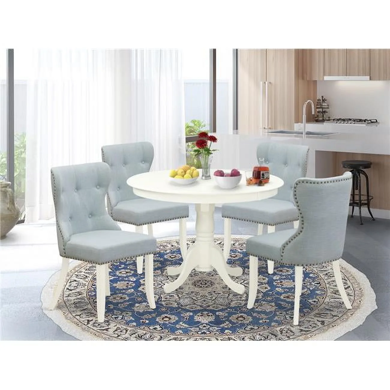 East West Furniture  Hartland Dining Set - Linen White & Baby Blue, Set of 4