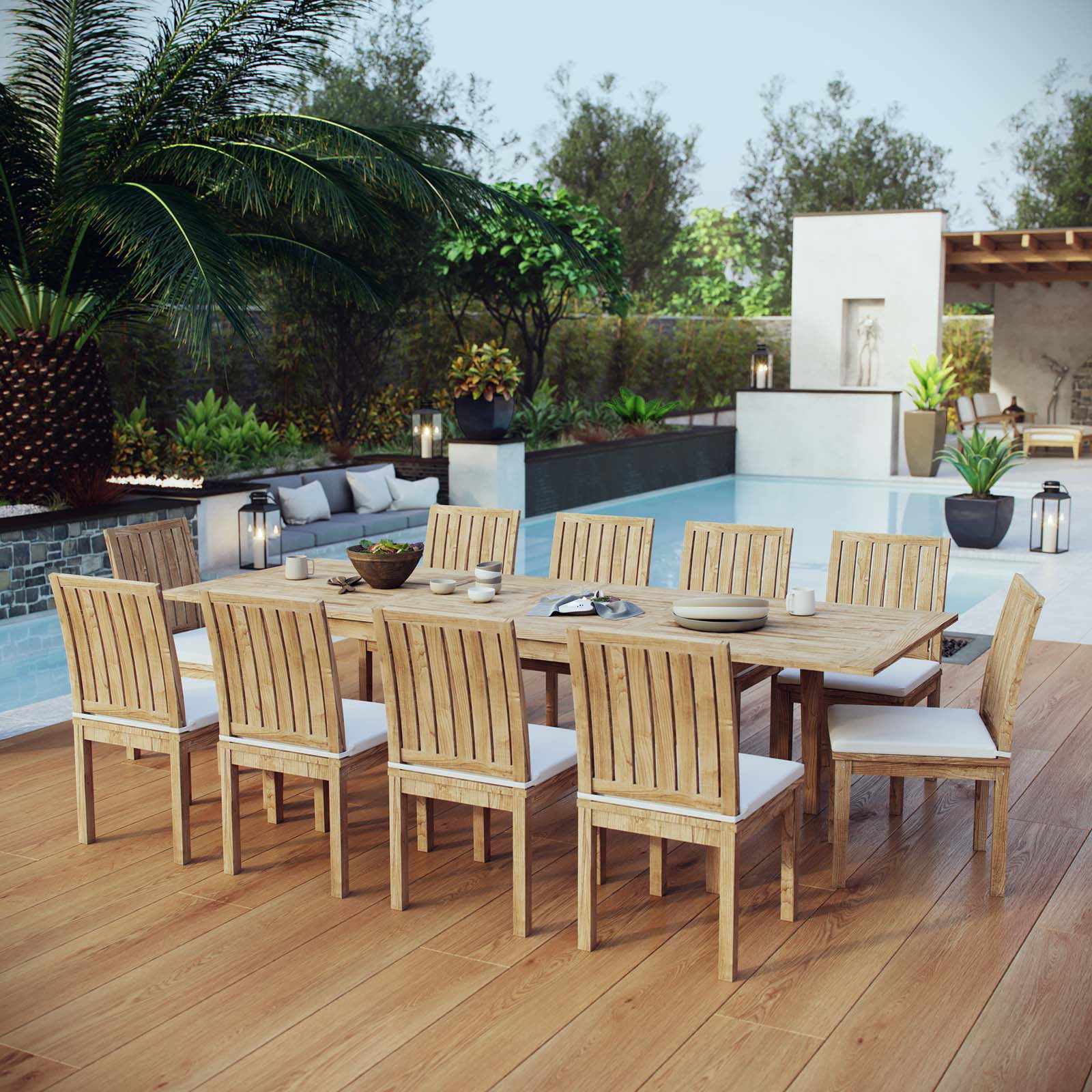 Modern Contemporary Urban Design Outdoor Patio Balcony Garden Furniture Side Dining Chair and Table Set, Wood, White Natural