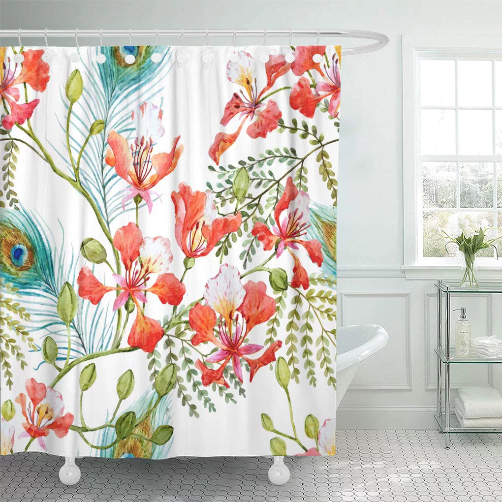 CYNLON Watercolor Tropical Pattern Tree Branches Royal Poinciana Peacock Feathers Bathroom Decor Bath Shower Curtain 66x72 inch