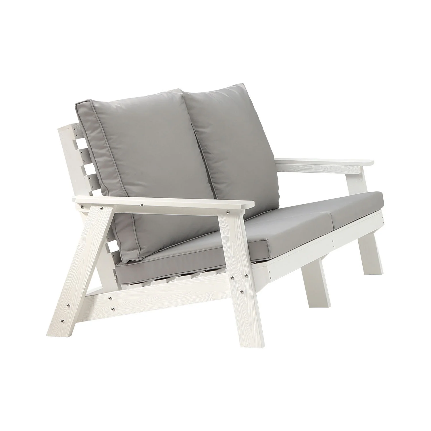 Stylish White/Grey Outdoor Garden Sofa with Wood Grain Design  Durable and Comfortable HIPS Loveseat with Cushion  Perfect Furniture for Relaxing Outdoors on Patio  Deck  or Porch