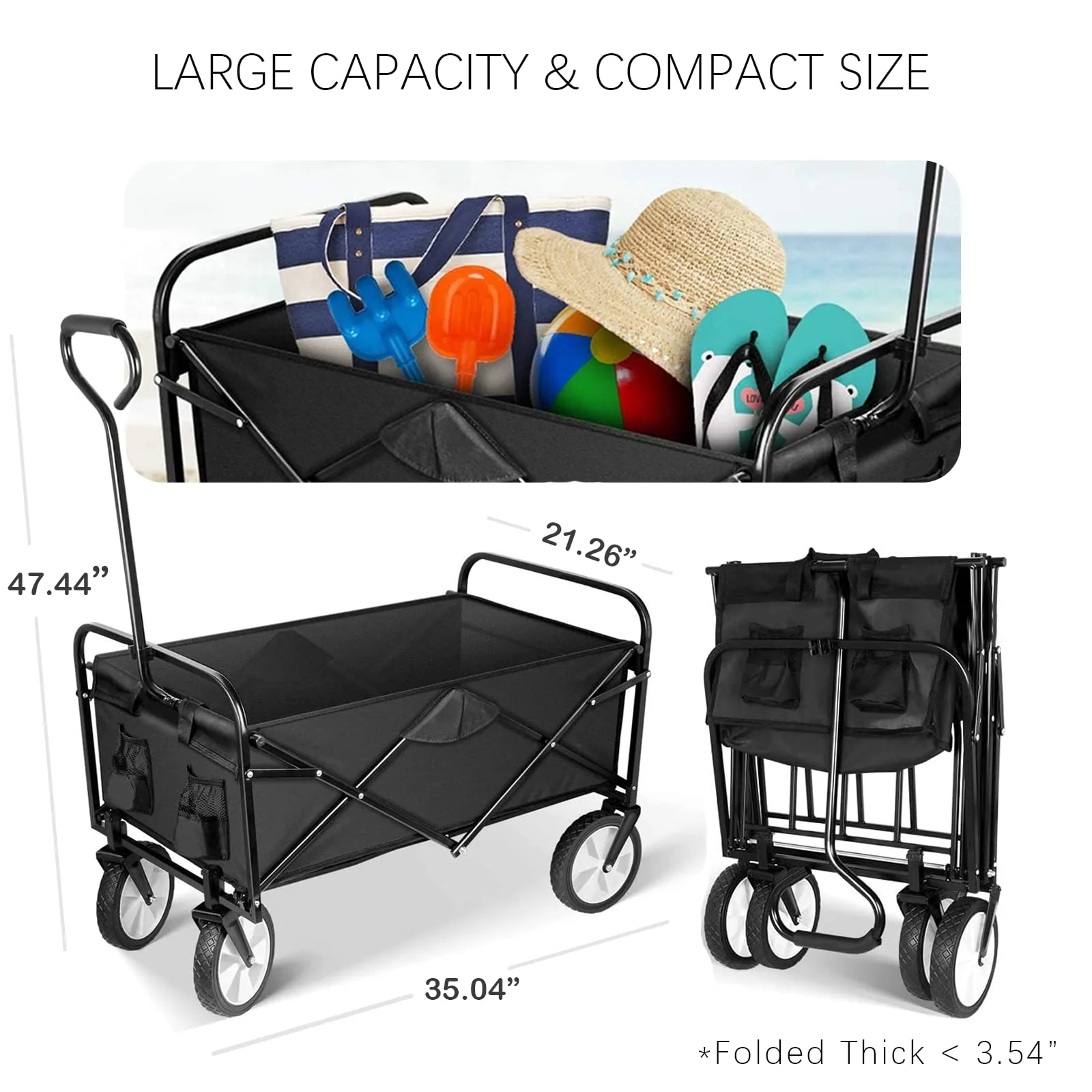 Folding Garden Cart PRO, Collapsible Handy Wagon with 360 Degree Swivel Wheels & Adjustable Handle,220lbs Weight Capacity,Black