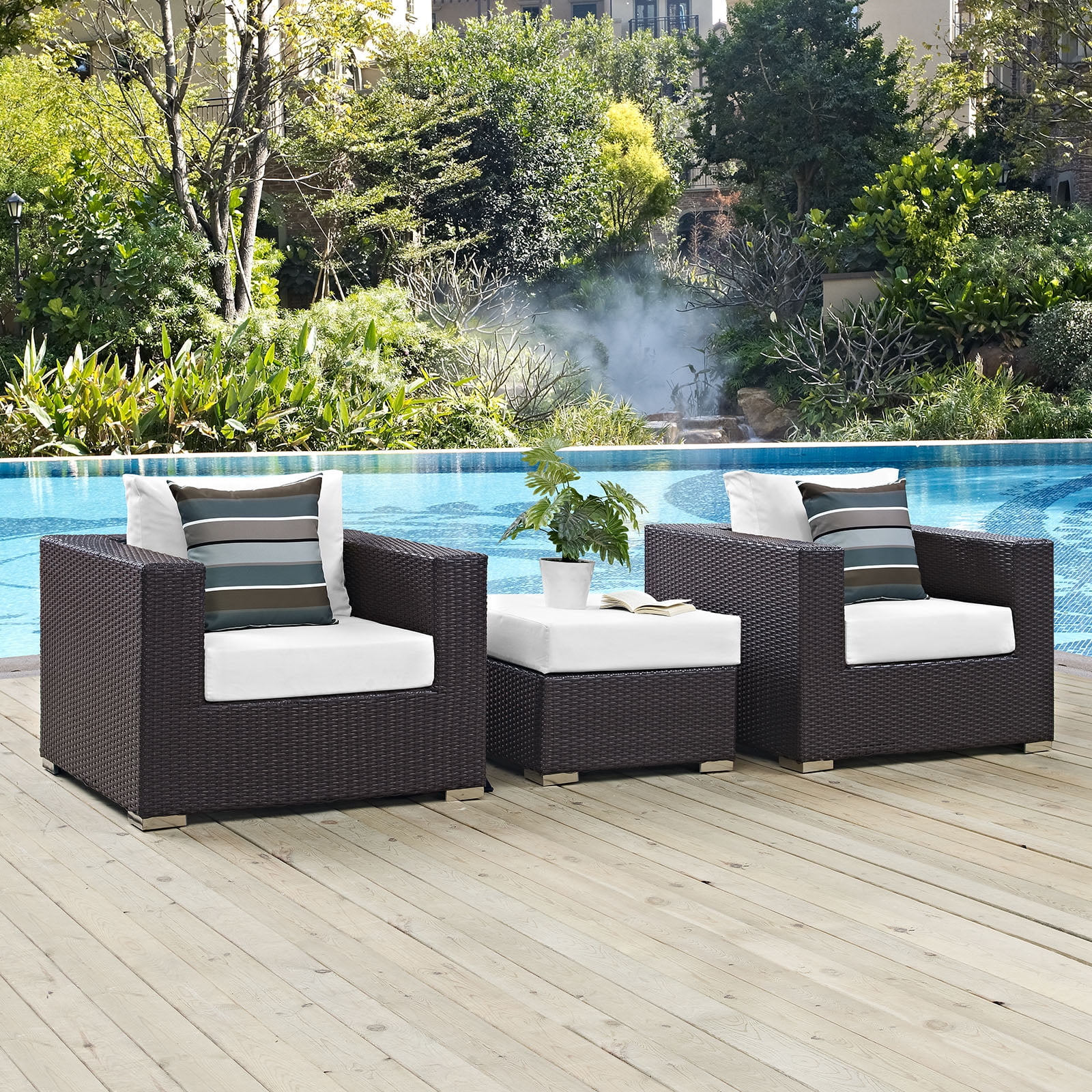 Modern Contemporary Urban Design Outdoor Patio Balcony Three PCS Sofa Set, White, Rattan