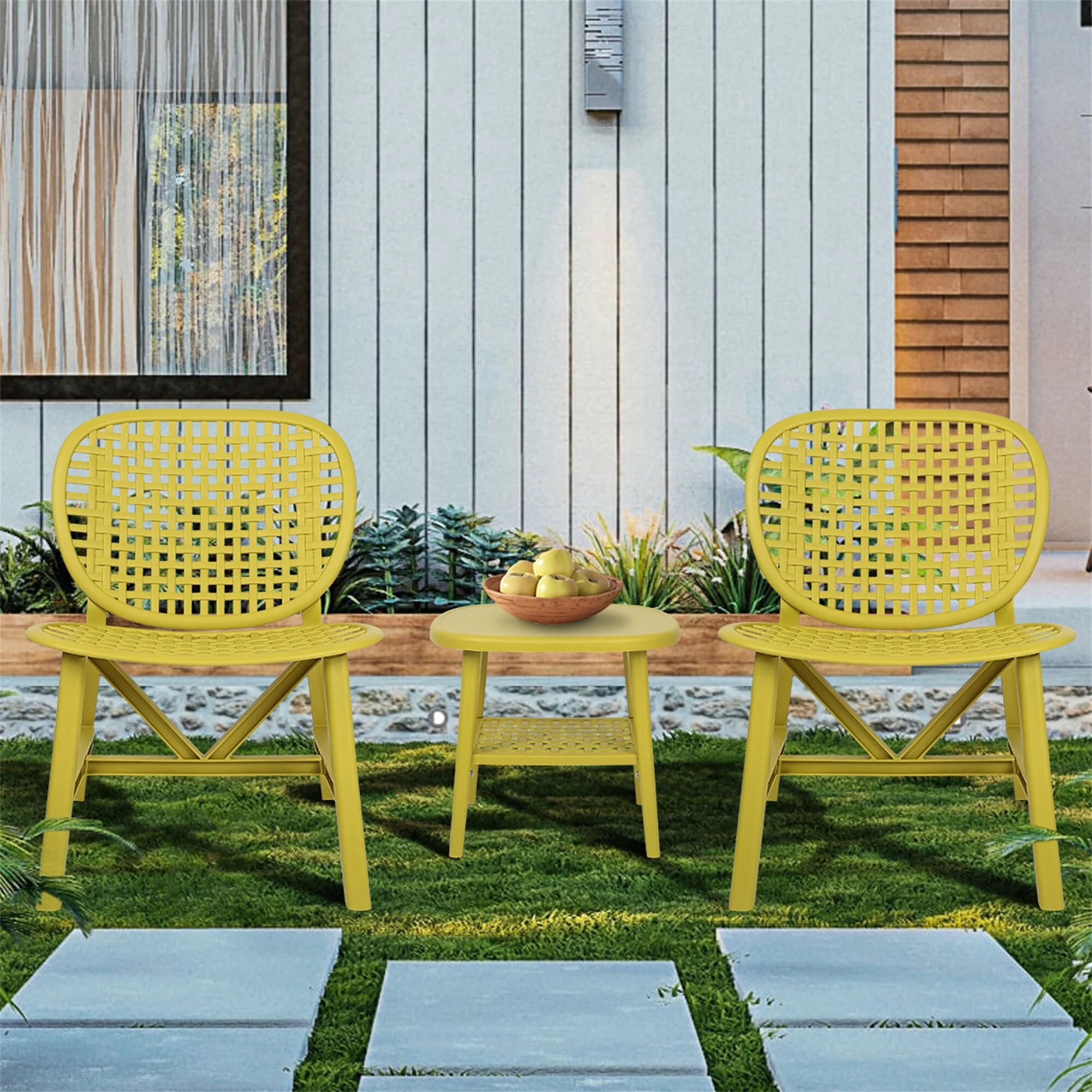 BESTCOSTY 3-piece Outdoor Table Chair Set - with Open Shelf and Widened Seat Yellow