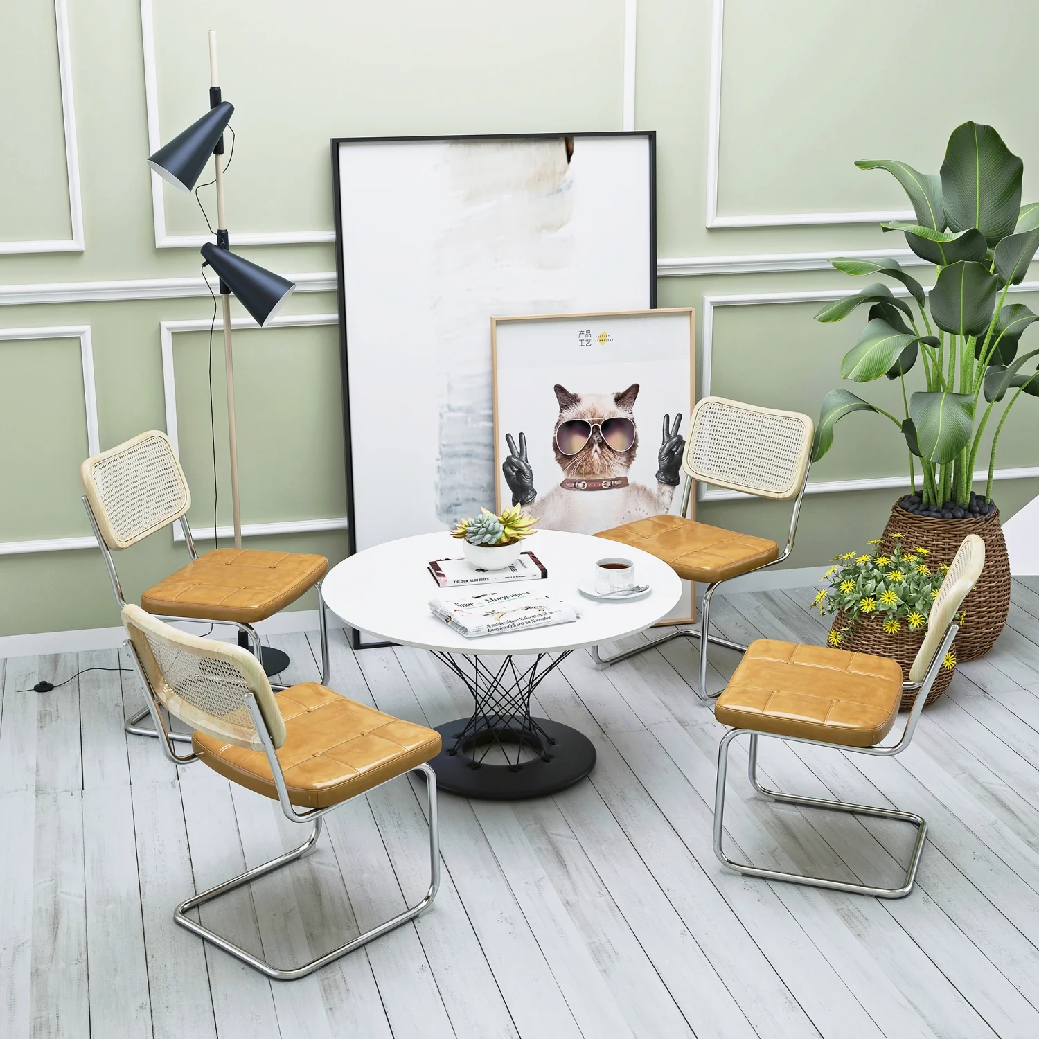 Set of 4  Leather Dining Chair with High-Density Sponge  Rattan Chair for Dining room  Living room  Bedroom  Brown