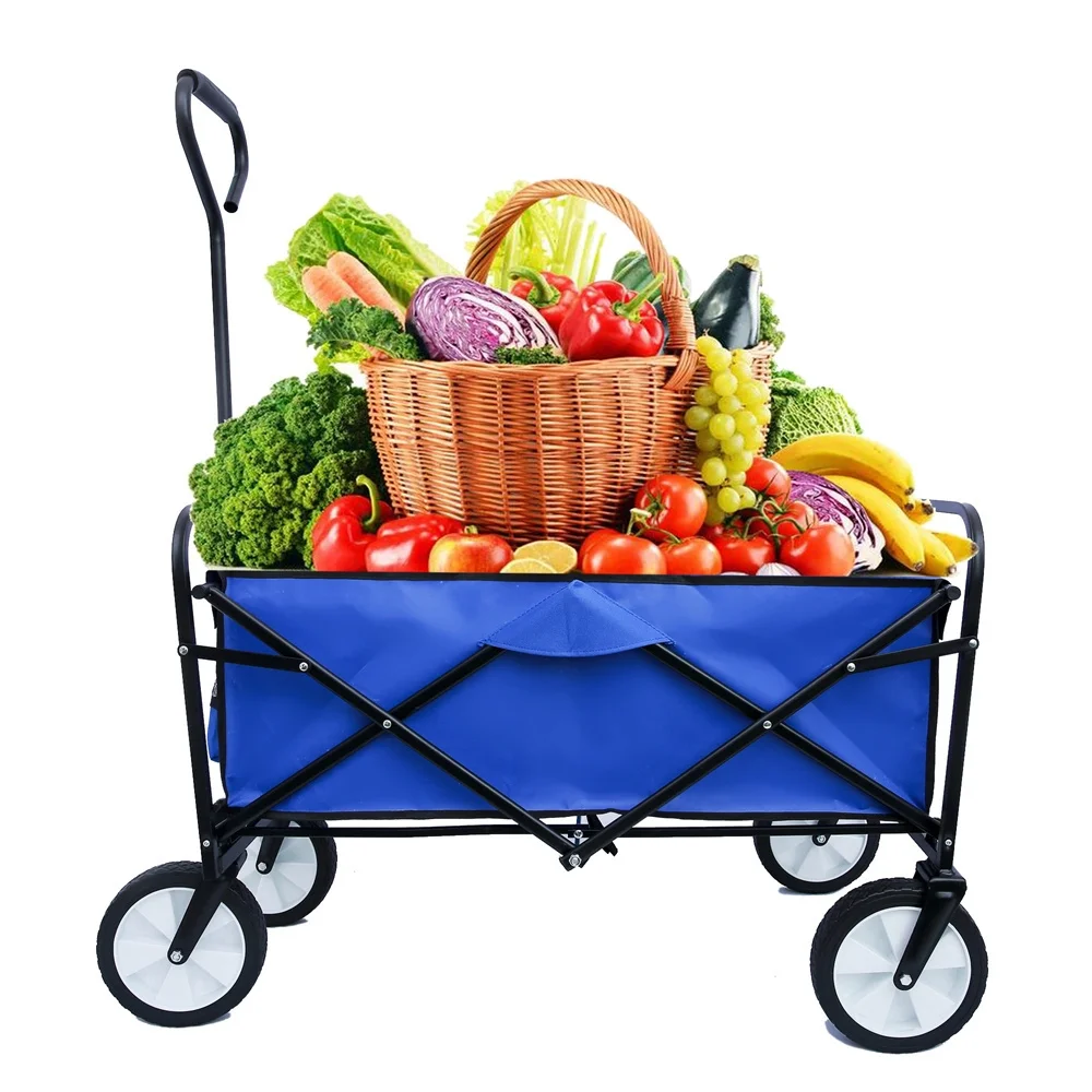 Large Collapsible Garden Cart,600D Polyester Collapsible Wagon All-Terrain Utility Pull Wagon for Garden, Camping, Grocery Cart, Shopping Cart, Blue