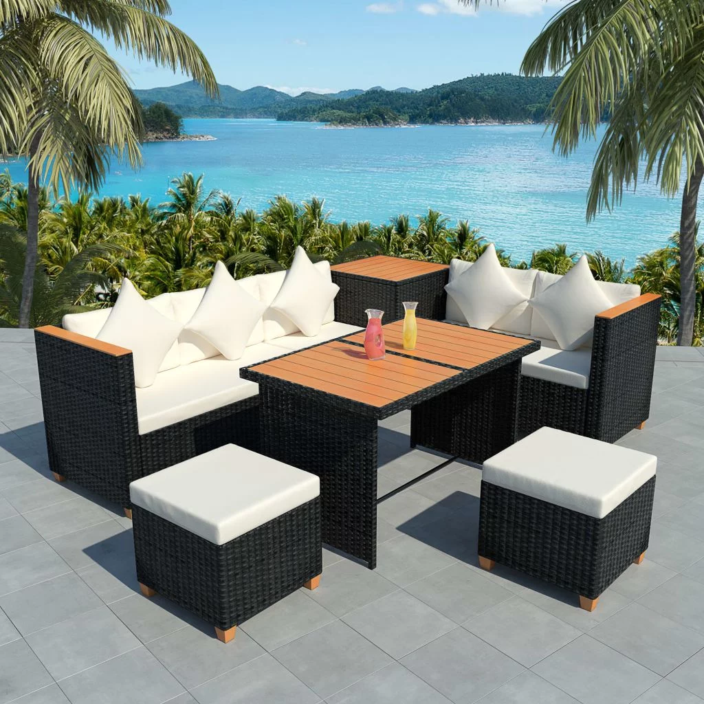 Andoer 7 Piece Garden Set with Cushions Poly Rattan Black
