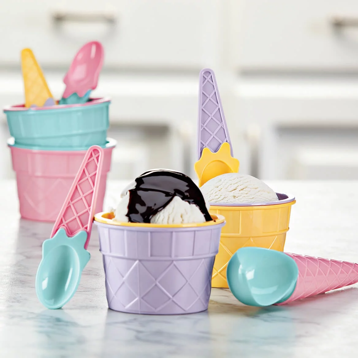 9pc Ice Cream Social Set, Made of Durable BPA-Free Plastic, Violet/Turquoise/Pink/Yellow Designs - Dishwasher Safe, by Chef's Pride