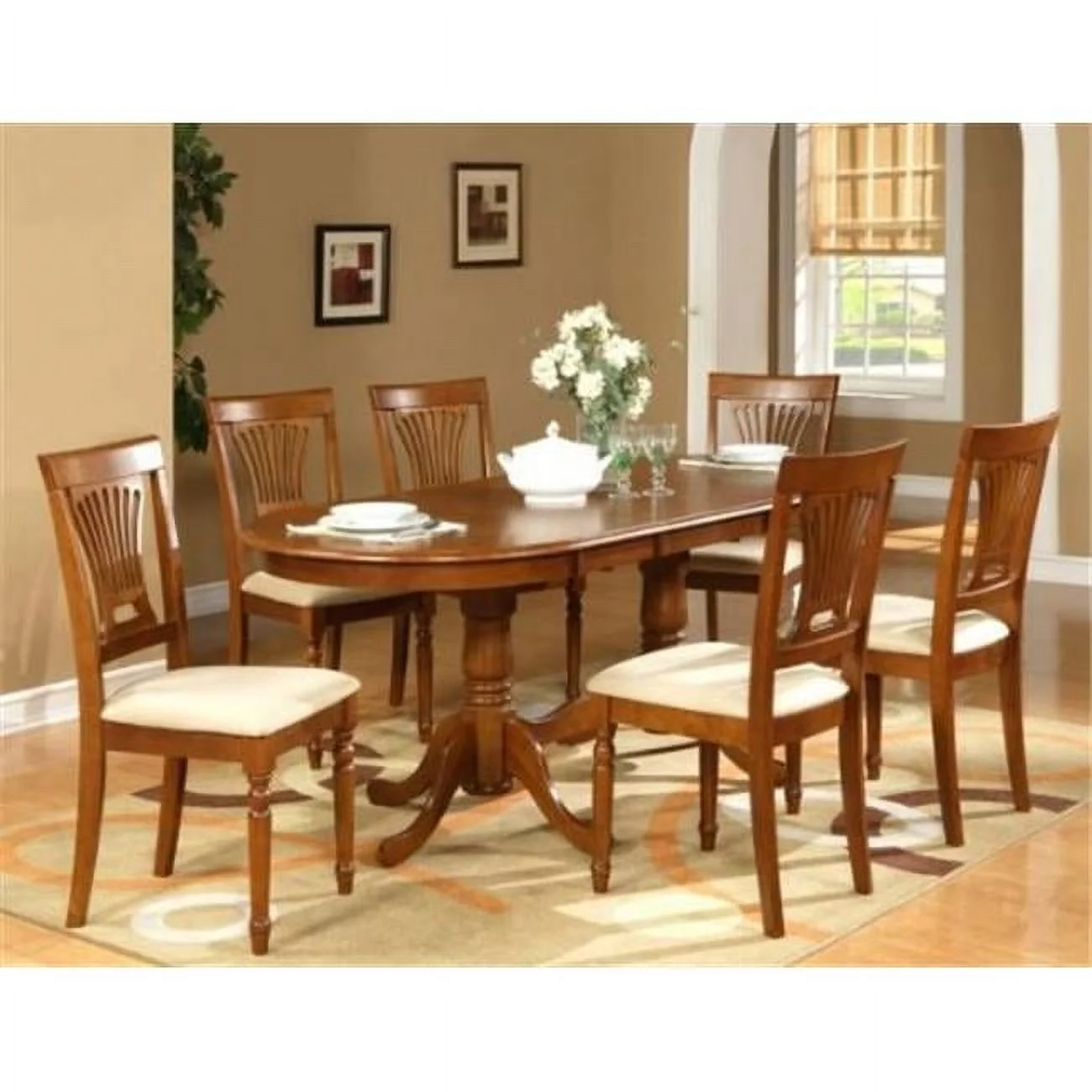 NT9-SBR-LC 9PC Plainville Table with Double Pedestal &8 Avon Faux Leather upholstered Seat Chairs in Saddle Brown Color Finish