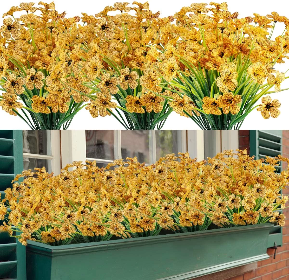 12 Bundles Artificial Flowers for Outdoors Fake Silk Flowers Faux Plants UV Resistant for Hanging Planters Window Box Front Porch Indoor Outside Spring Summer Decorations (Yellow)