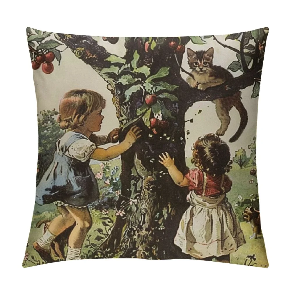Cbxzyzzc Lovely Kids Throw Pillow Covers Cute cat Tree Plants Vintage Cabin Brown Soft Velvet Zipper Indoor Outdoor Office Chair Bedroom Couch Decor Cushion Cover White