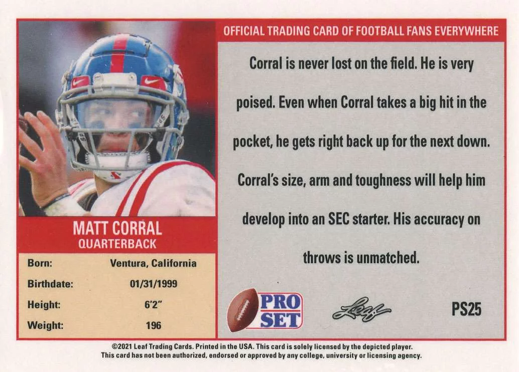 Leaf 2021 Pro Set Prospect Football Matt Corral Trading Card (ARC Amateur Rookie Card, GOLD Parallel Version)