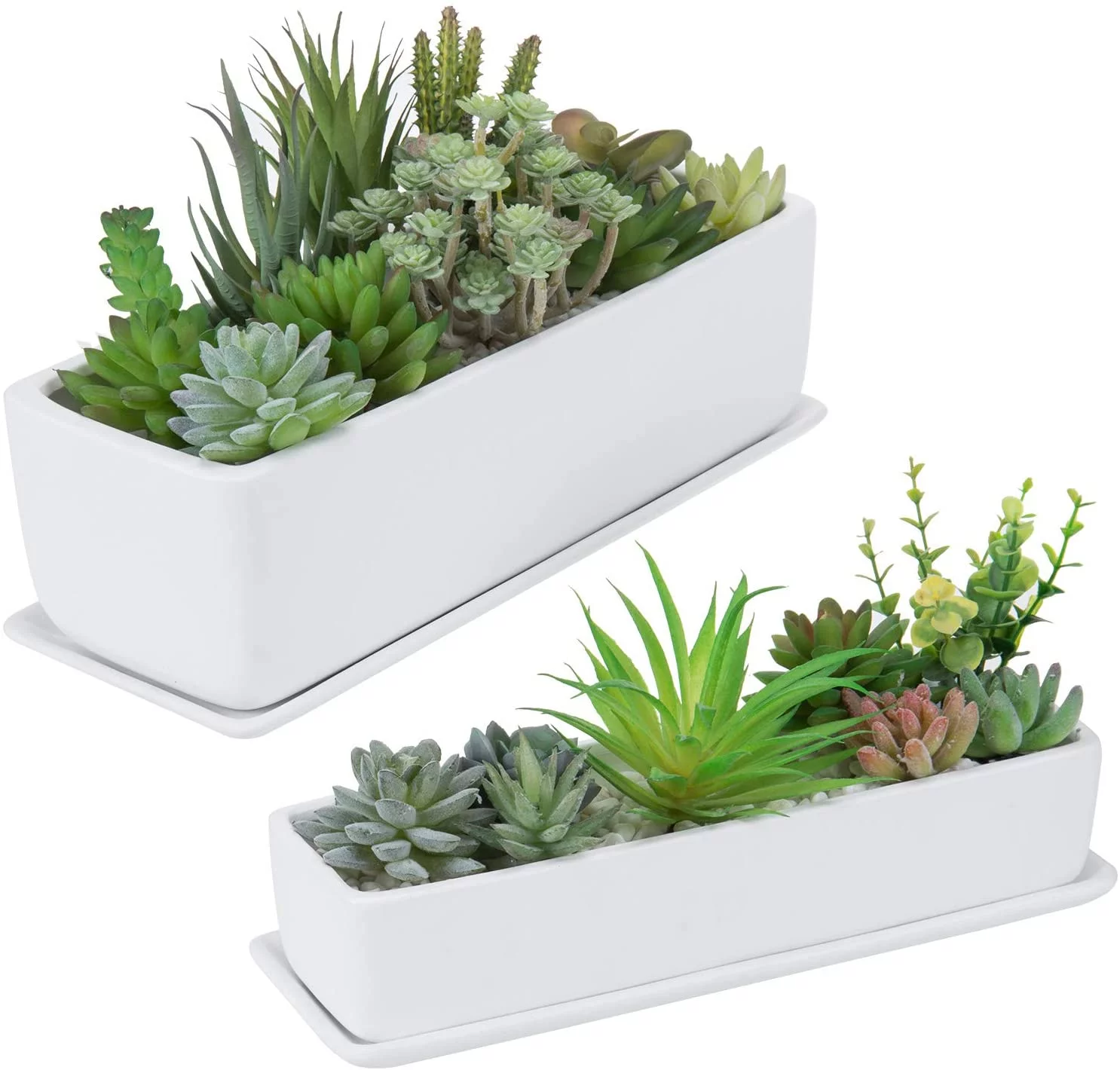MyGift 2 Piece Modern Rectangular Ceramic Planter with Removable Saucer, Matte White