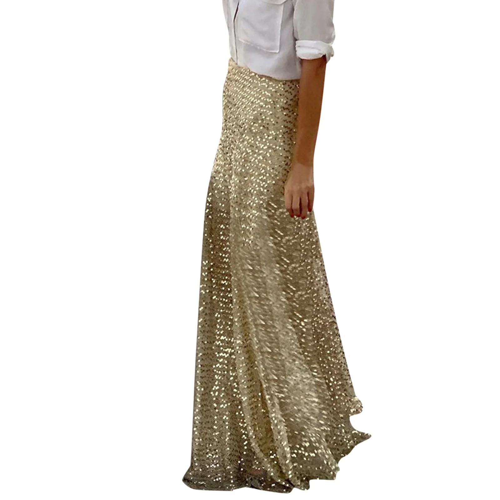 Winter Skater Skirt Women Skirts Elastic Waist Gold Sequin Glitter Skirt Elegant Slim Fit Holiday Long Female Floor Length Skirt Skirt Sets Women 2 Piece Outfits Plus Size