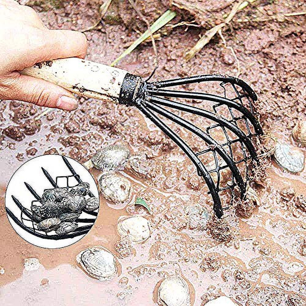 Chunhong 5-Tine Ninja Steel Claws Hand Rake with Mesh Net, Clam Fork, Short Wooden Handle, Ergonomic, Non-Slip, Lightweight, Sturdy, Compact - Comes with Portable Folding Bucket (Blue)