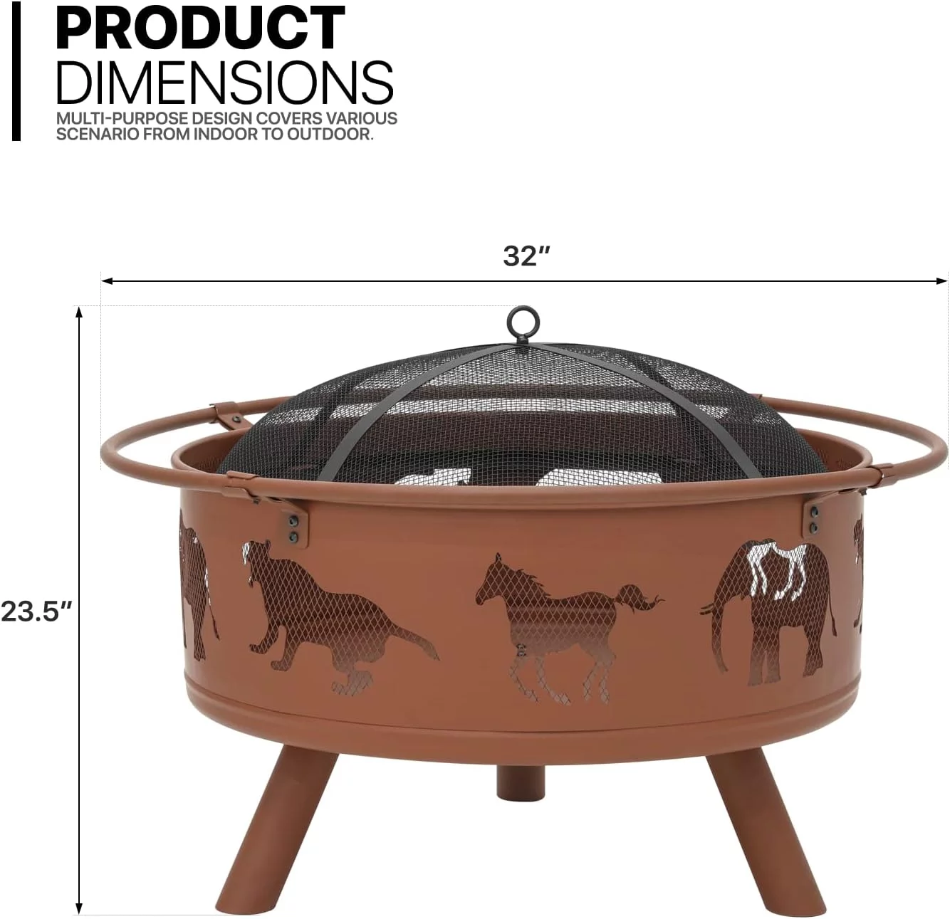Wood Burning s Horse Pattern Round Metal Burning Fireplace With Screen Cover And For Patio Backyard Picnic Garden, Red