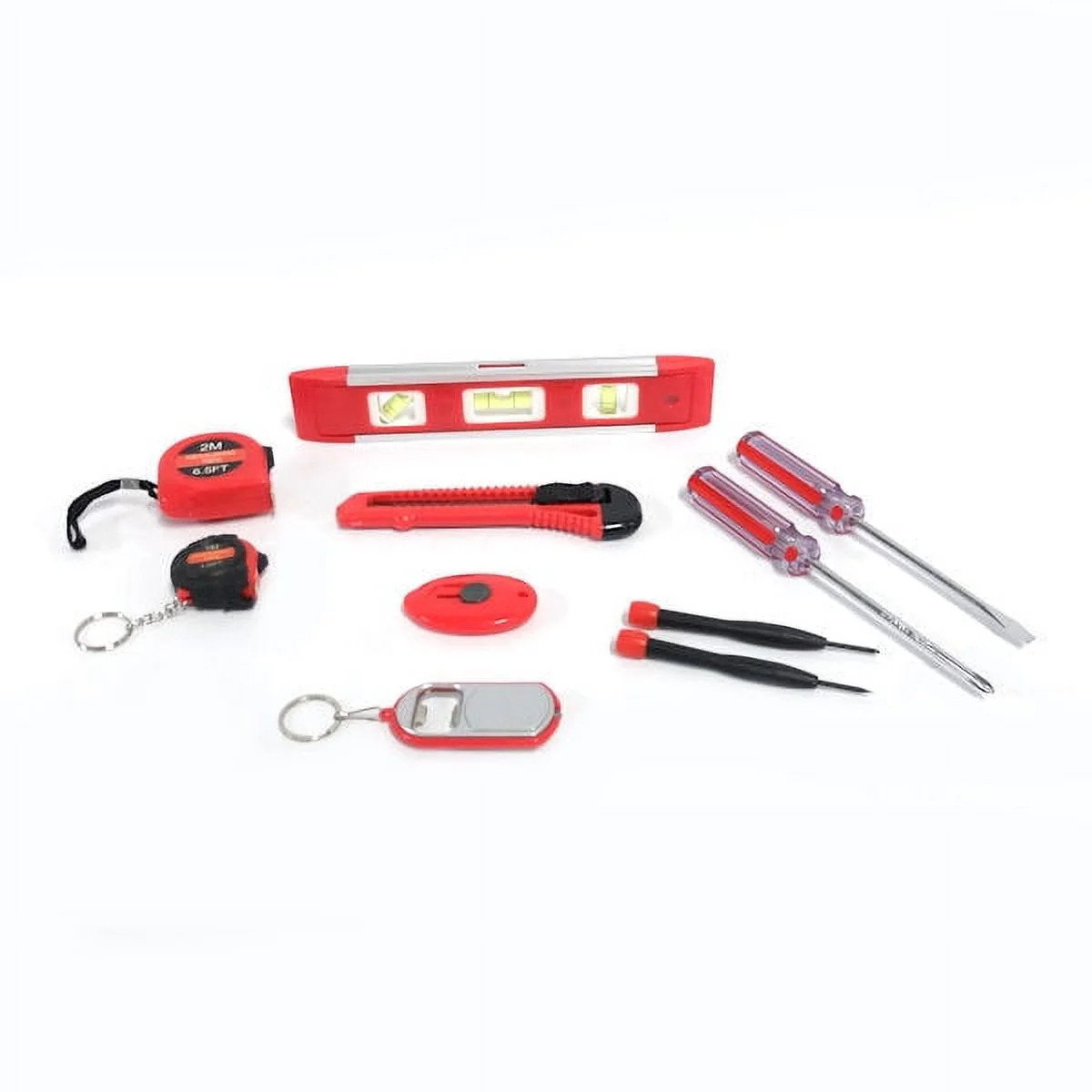 10 Piece Household Tool Set, Red, Level, Screwdrivers, Measuring Tape