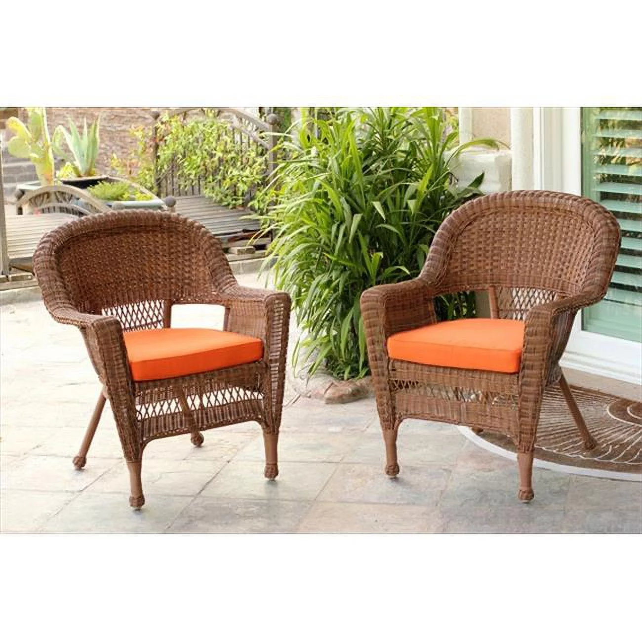 Jeco W00205R-C-2-FS016 Honey Rocker Wicker Chair With Orange Cushion - Set 2