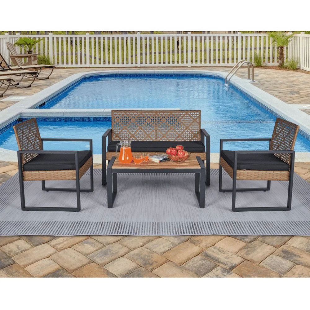Zoeye 4-Piece Metal Frame Wicker Home Brown Patio Furniture Set