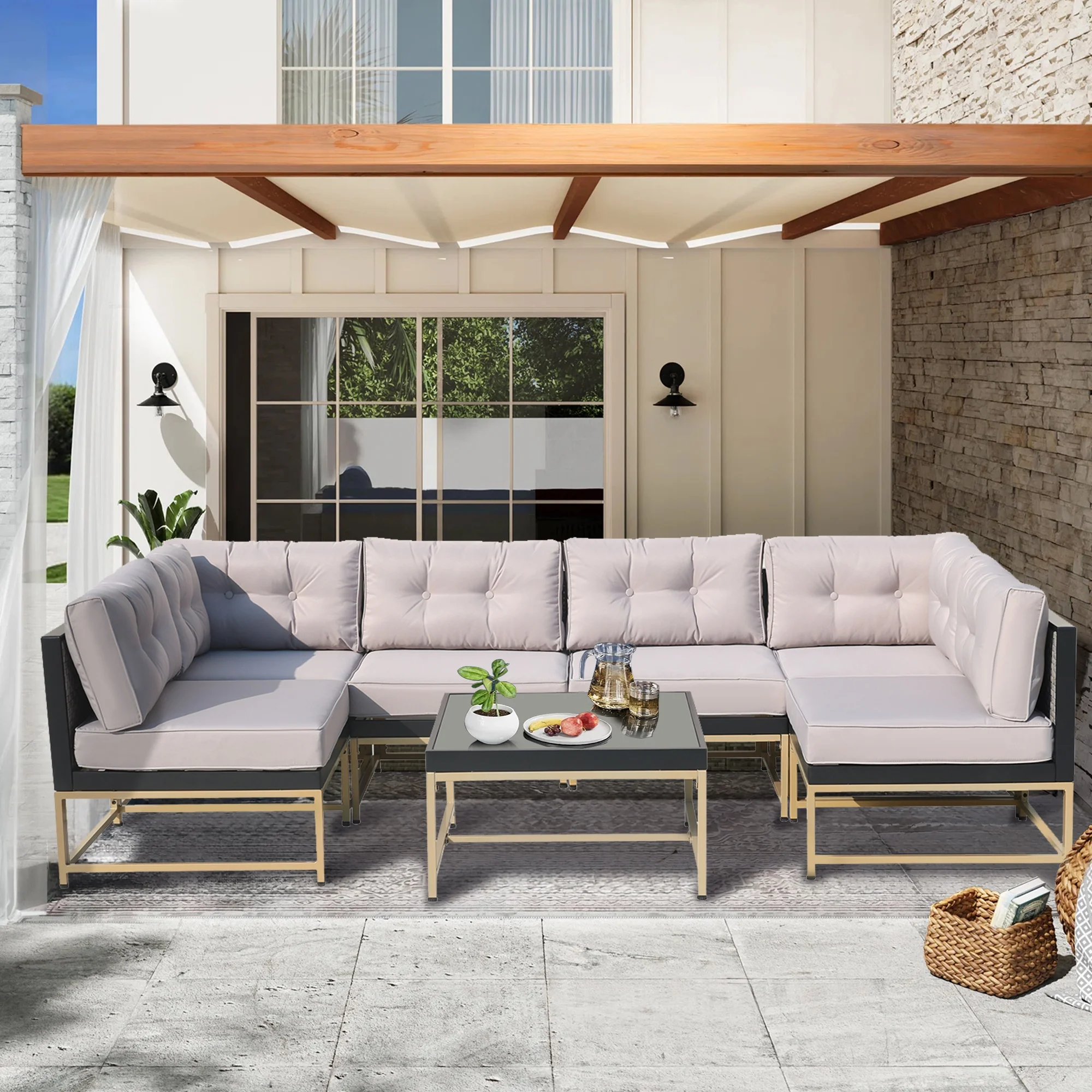 Segmart 7 Pieces Outdoor Patio Furniture Sets, Heavy-Duty Steel Rattan Conversation Sectional Set with Coffee Table & Cushions, Gray