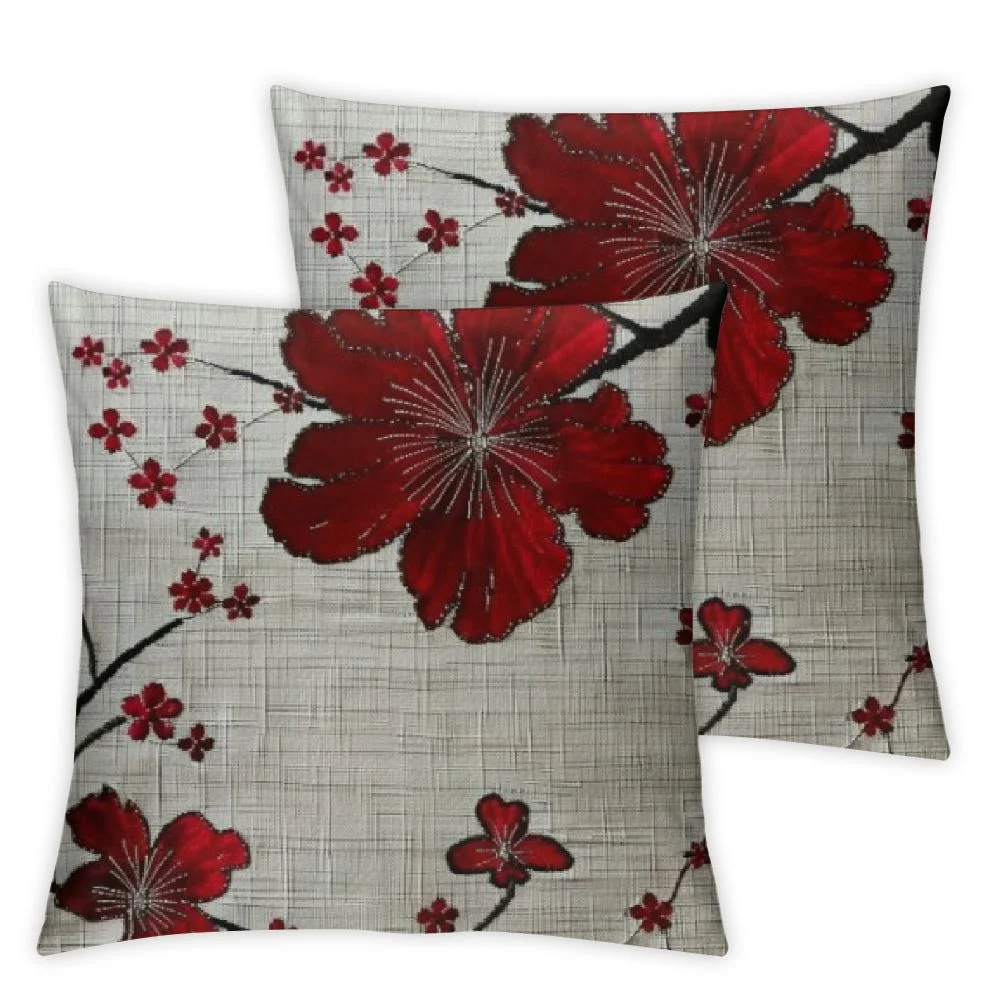 Acheng Decorative Pillow Covers for Couch Red Branch Oriental Painting Plum Revival Blossom Floral Spring Cherry Beauty Brush China Chinese Decorative Square Pillow Covers for Couch,2 Pcs White