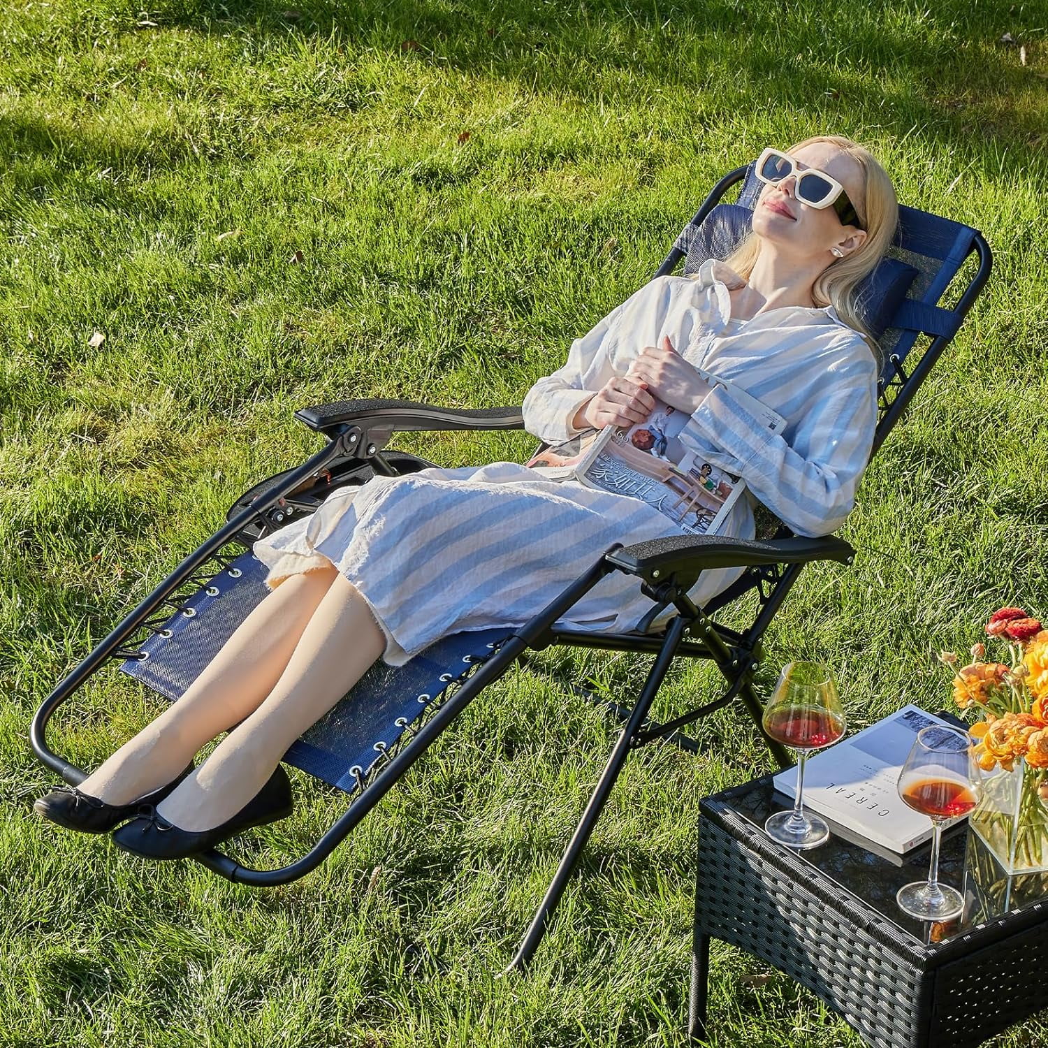 Set of 2 Zero Cravity Lounge Chairs,Ergonomic Adjustable Lying Angle Sturdy Steel& Mesh Support,Outdoor Patio Folding Recliners for Pool Beach with Pillow and Cup Holder, Blue