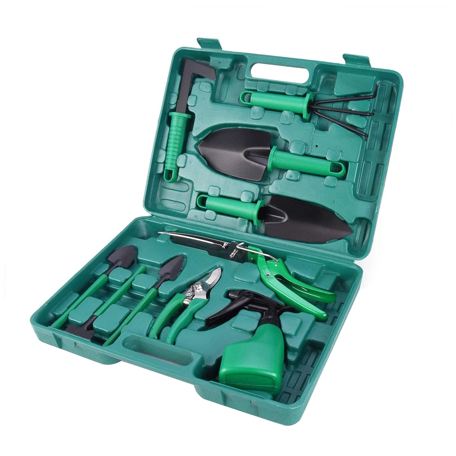 Garden Tool Set 10pcs Stainless Steel Garden Tool Kit with Organizer Case Heavy Duty Gardening Work Set Including Pruner, Rake, Big and Small Shovel, Sprayer, Weeding Scissor, Potted Gadget and More