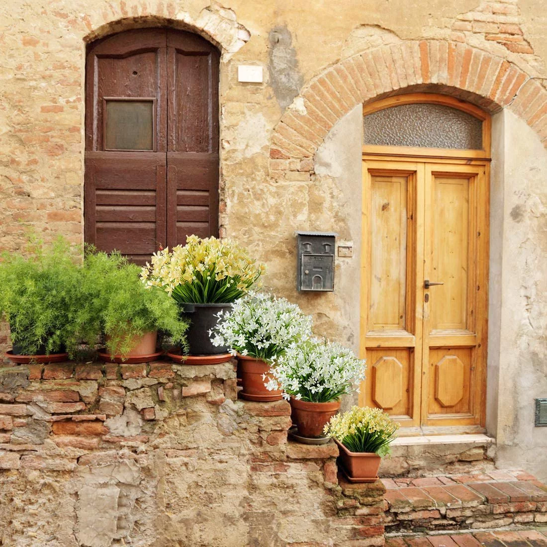 GRNSHTS 4 pcs Artificial Flowers for Outdoor Decoration, Spring Decoration UV Resistant Faux Outdoor Plastic Greenery Shrubs Plants Hanging Planter Home Garden Decor (Yellow)