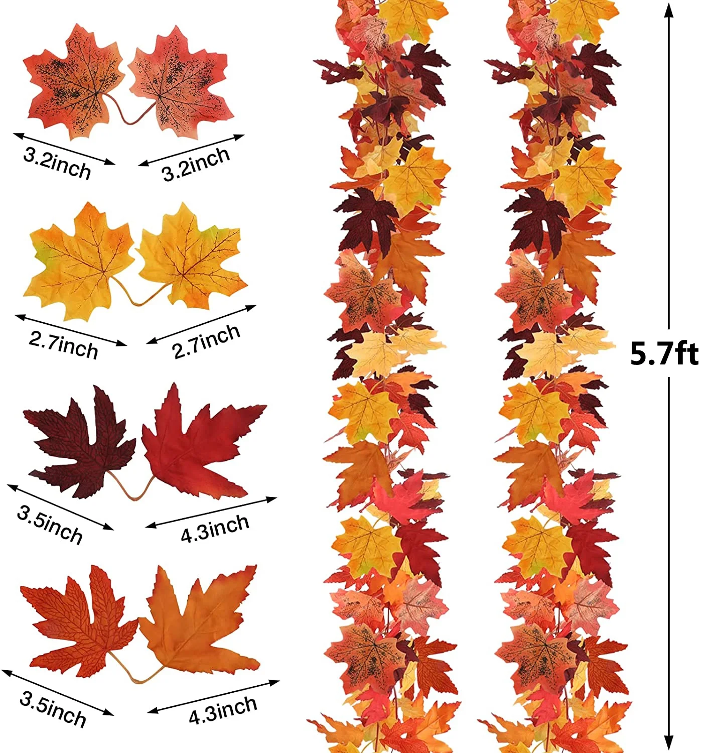 2 Pack Fall Leaf Garland Artificial Hanging Vines Autumn Foliage Maple Garland for Thanksgiving Party Indoor Outdoor Home Fireplace Christmas Decorations