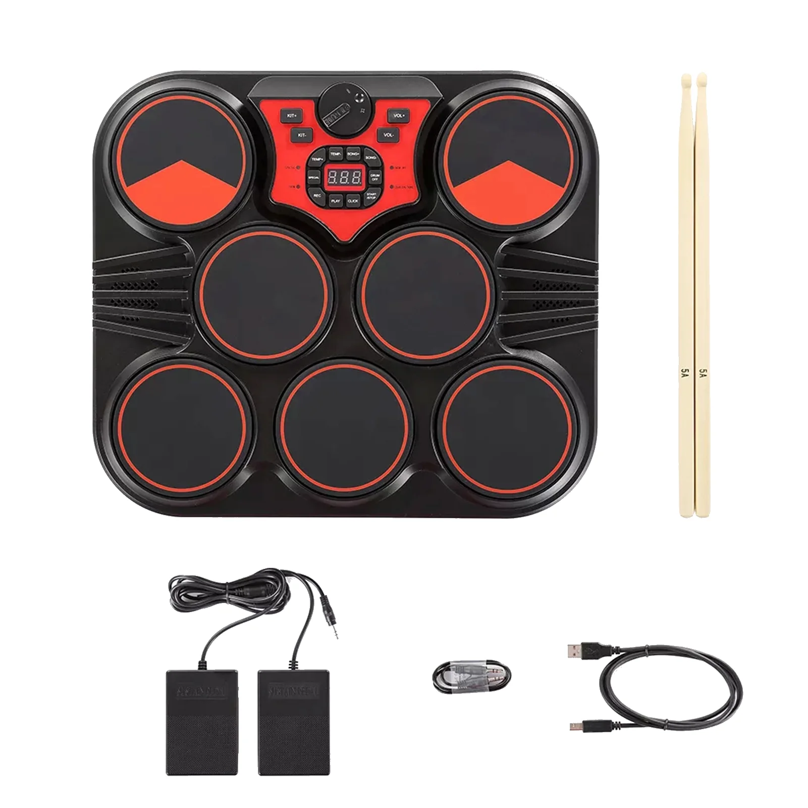 Walmeck Tabletop Electronic Drum USB/Battery Powered 7 Pads Portable Drum Set with Built-in Speakers Rechargeable Battery with 2 Drumsticks Foot Pedals for Kids Children Beginners