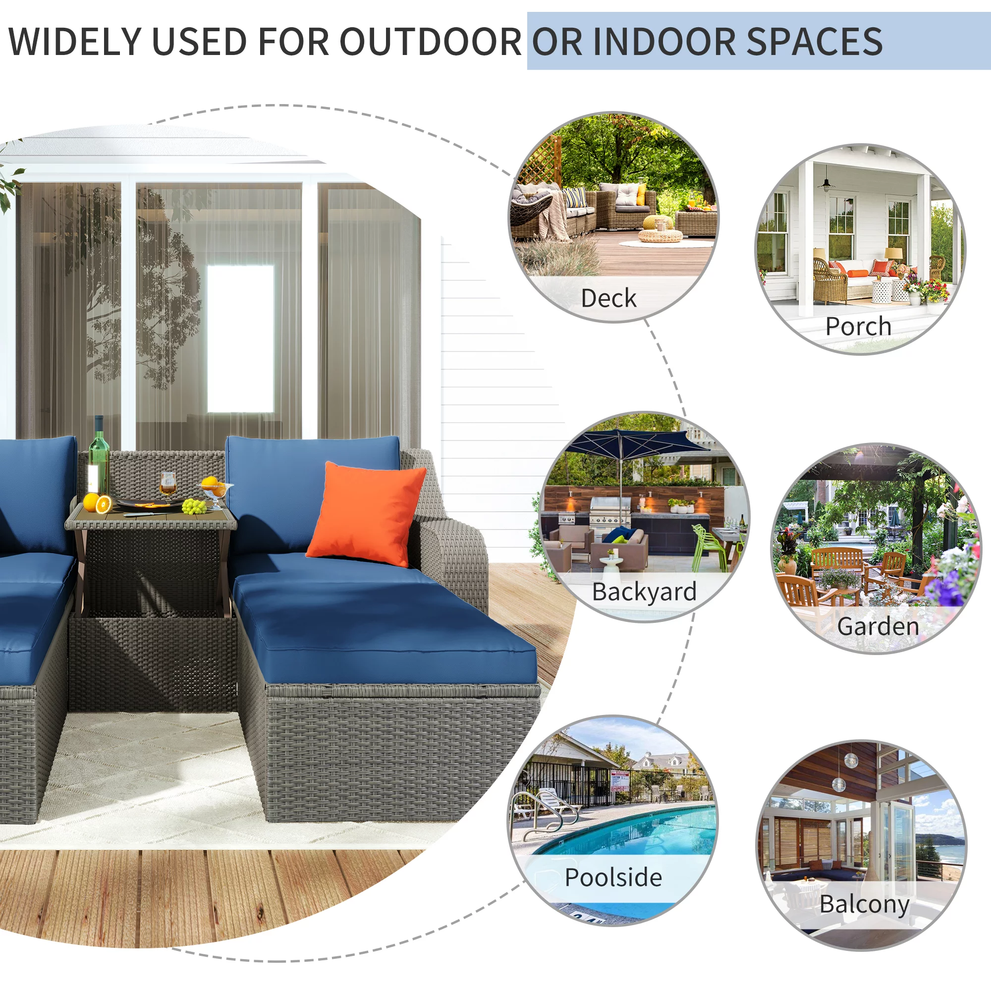 3-Piece Patio Furniture Sets, PE Wicker Rattan Sofa Conversation Chair, Patio Furniture Sofa with Cushions & Pillows & Ottomans & Lift Top Table , Blue