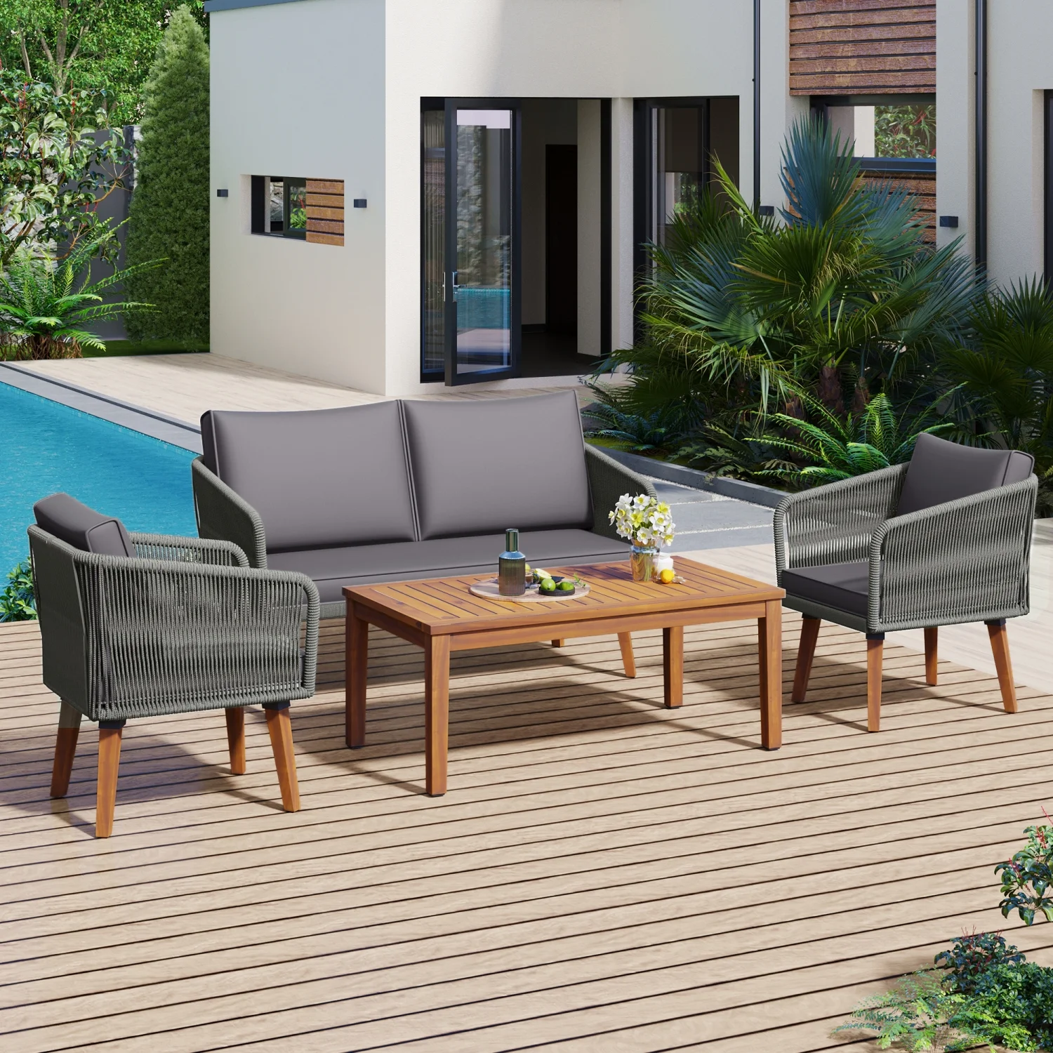 Stylish and Cozy 4-Piece Solid Wood Patio Conversation Set - TREXM Loveseat  2 Chairs  and Table - Outdoor Furniture Group with Cushions for Poolside  Backyard  Garden - Dark Grey Cushion
