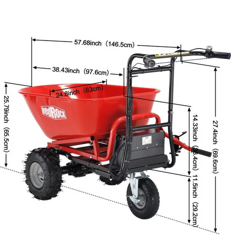 Buumin RedRock Wheelbarrow Utility Cart Electric Powered Cart 48V28Ah 500W Capacity 500lbs (230kg) Material Debris Hauler 1000lbs Towing