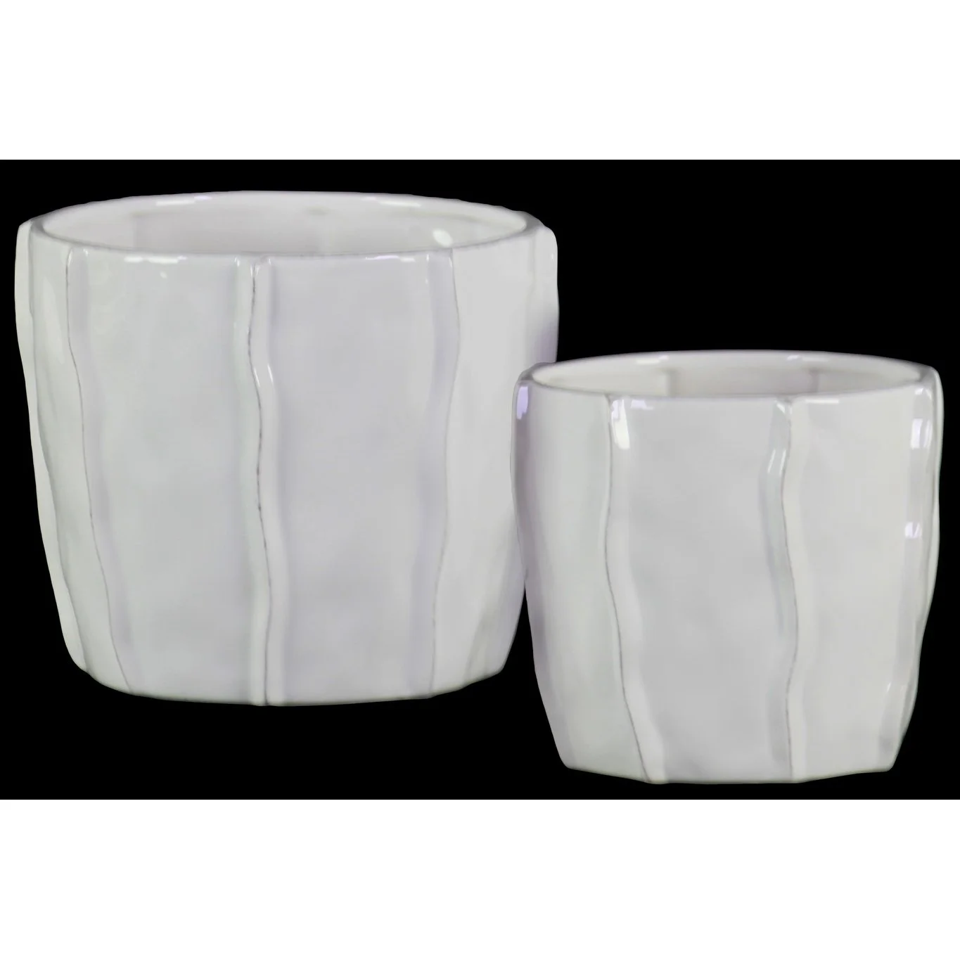 Urban Trends Collection  Ceramic Low Pot with Embedded Wave Design Body - White - Set of 2