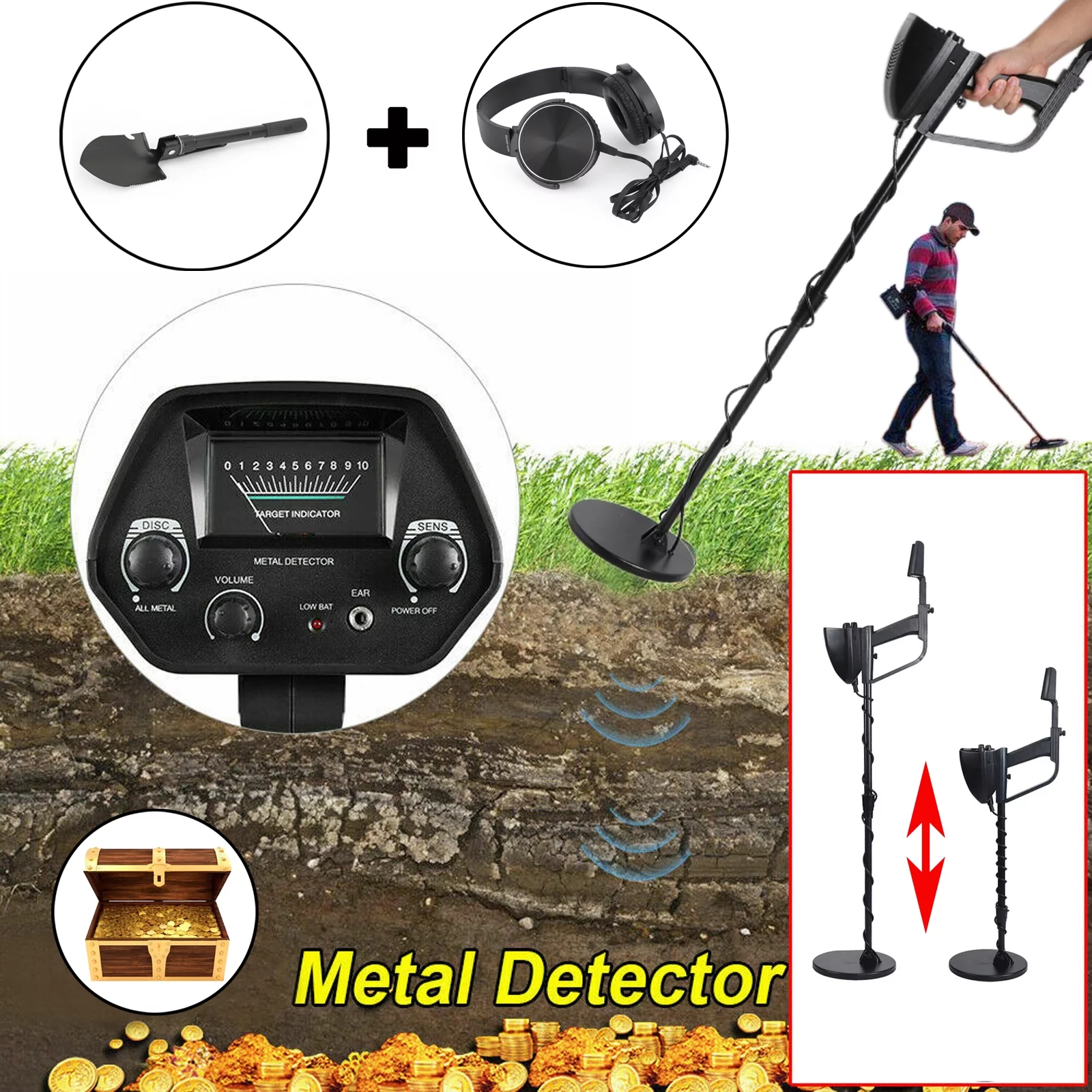 MotorGenic Metal Detector Hunter Waterproof Deep Sensitive With Earphone Shovel