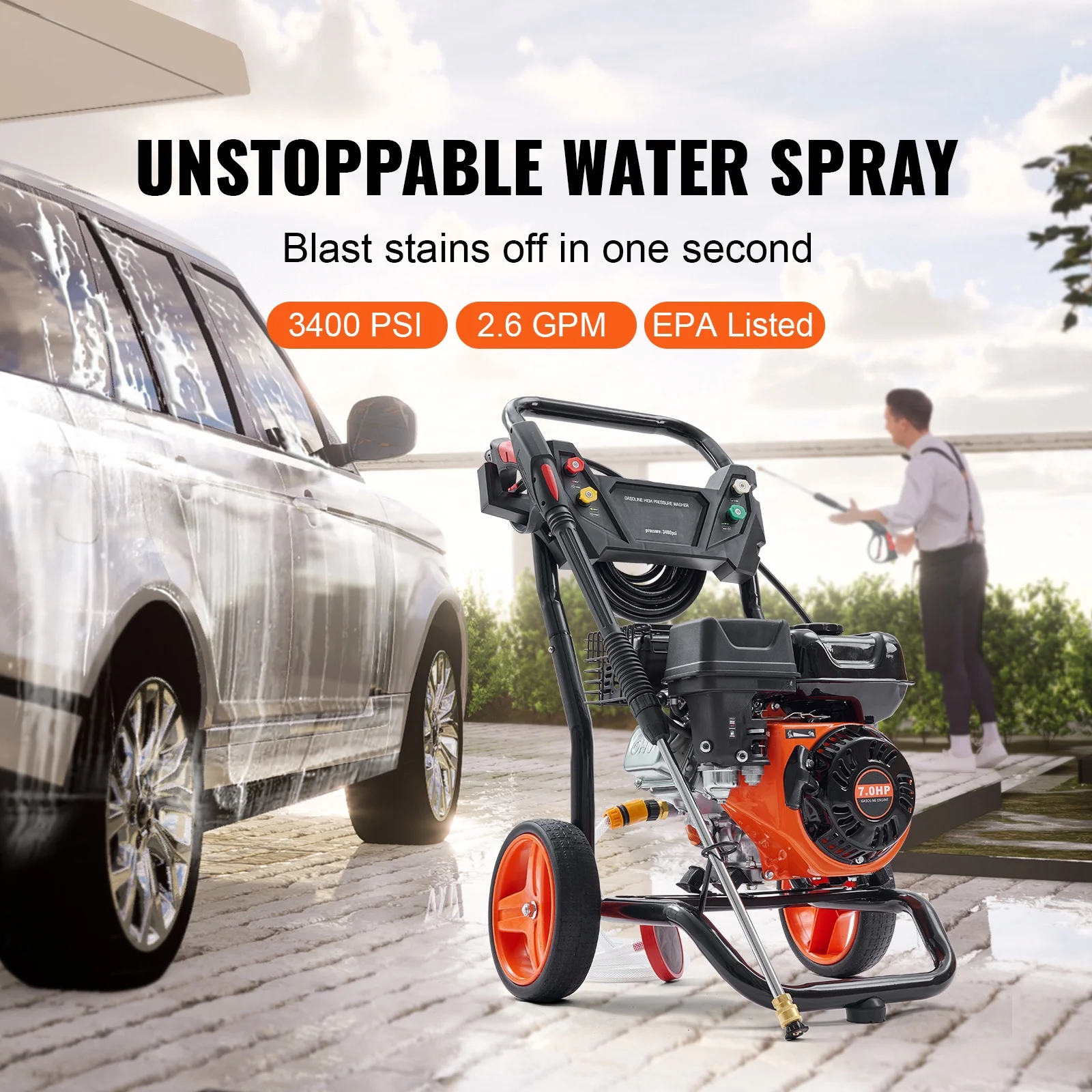 SKYSHALO 3400 PSI 2.6 GPM Gas Pressure Washer w/26 ft High Pressure Hose 5 Nozzles Gas Powered Washer