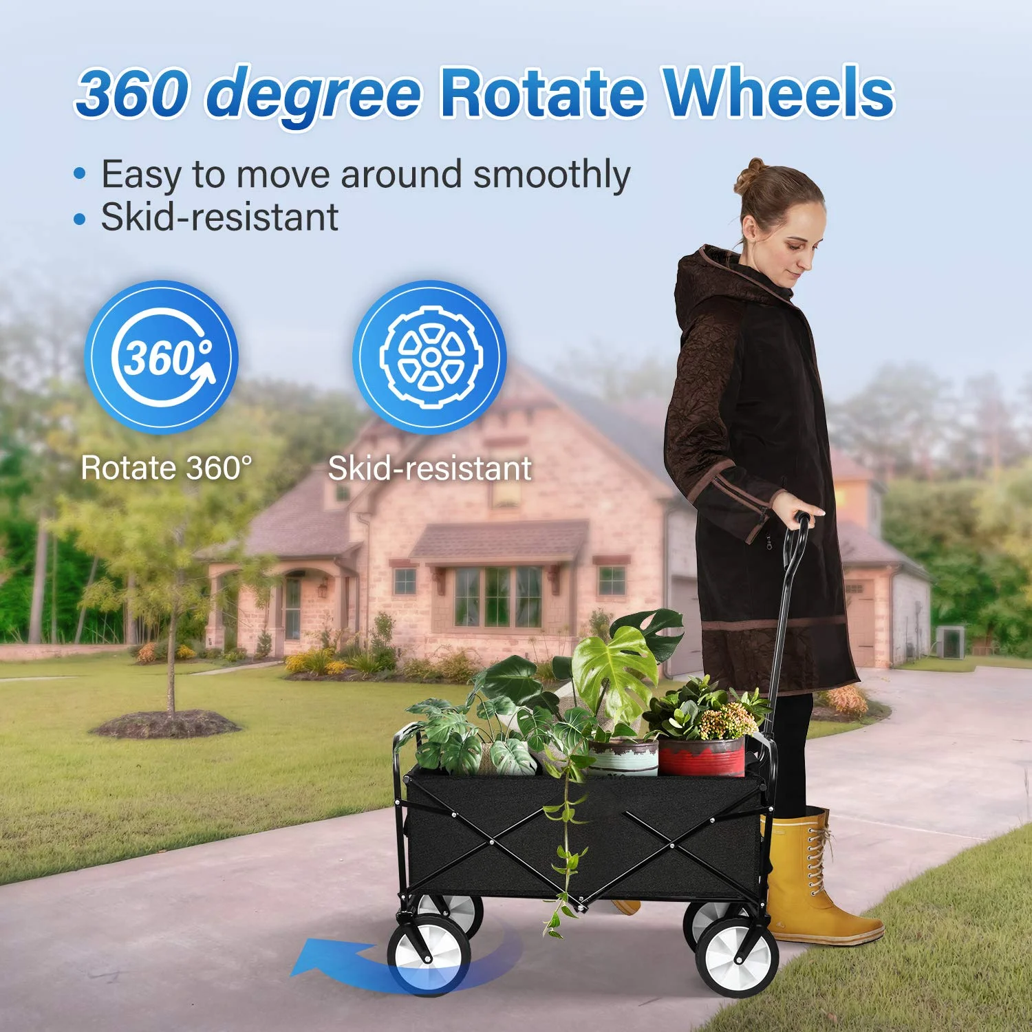 Folding Garden Cart PRO, Collapsible Handy Wagon with 360 Degree Swivel Wheels & Adjustable Handle,220lbs Weight Capacity,Black