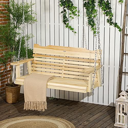 2-Seater Porch Swing, Hanging Outdoor Swing Bench With Metal Chains And Wide Armrests, For Deck, Patio, Garden, Backyard Natural