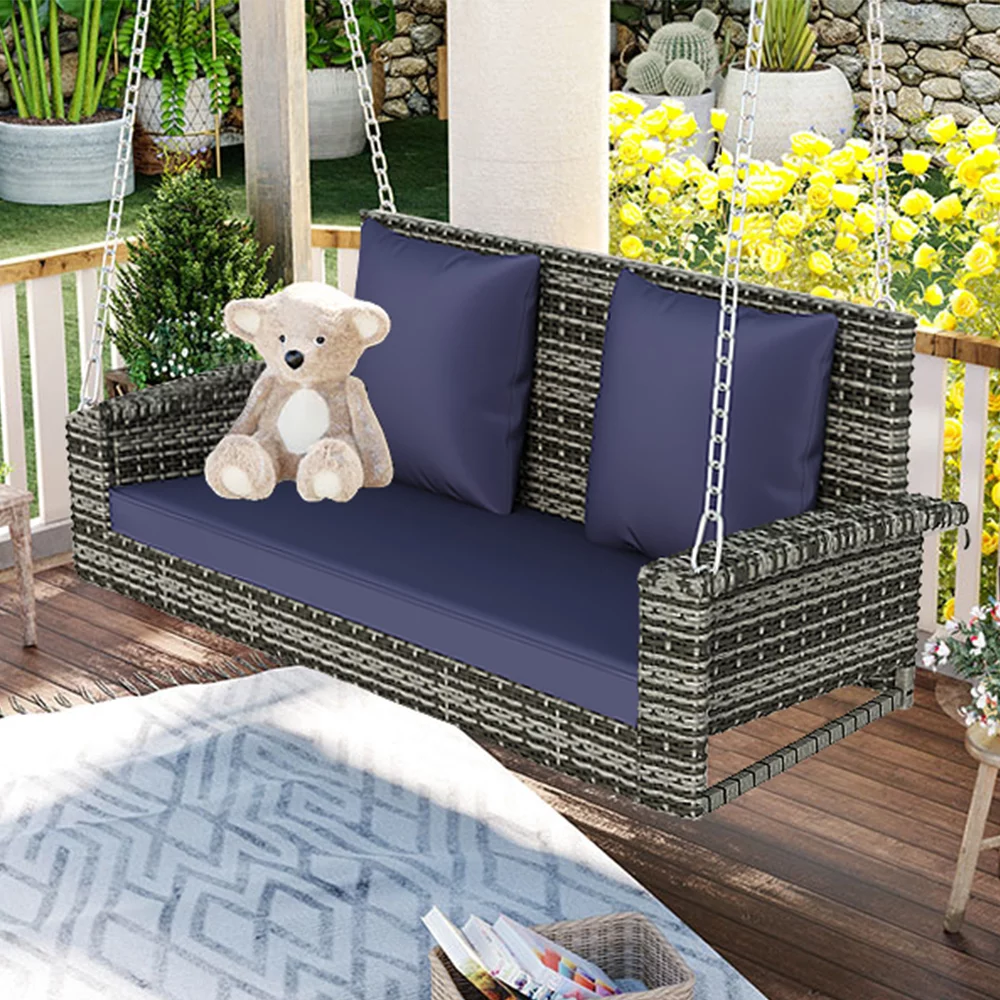Comfortable Gray Wicker Hanging Porch Swing for 2 People with Chains  Soft Blue Cushion  Cozy Pillow  Stylish Rattan Swing Bench for Garden  Backyard  Pond - Relaxing Outdoor Furniture