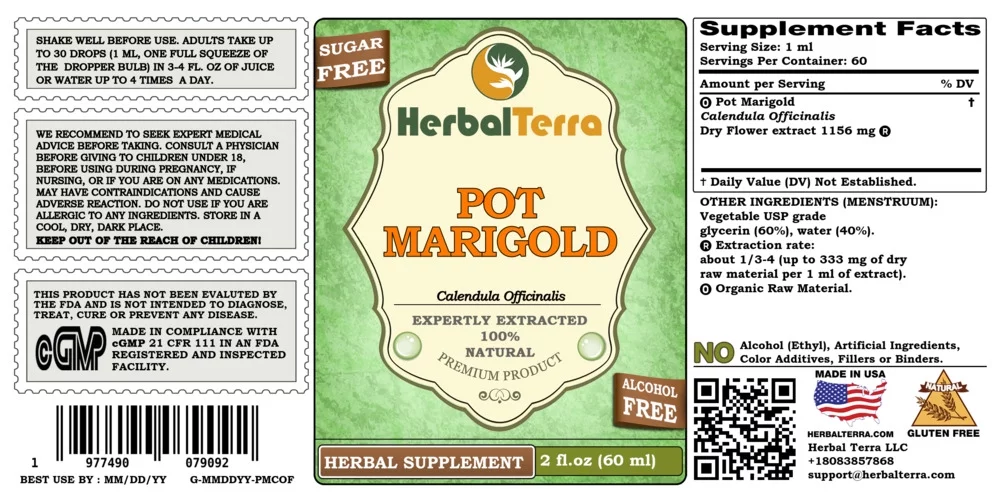 Pot Marigold Dry Flower KETO Friendly Alcohol-Free Absolutely Natural Expertly Extracted by Trusted HerbalTerra Brand Liquid Extract. Proudly made in USA. Glycerite 2 Fl.Oz