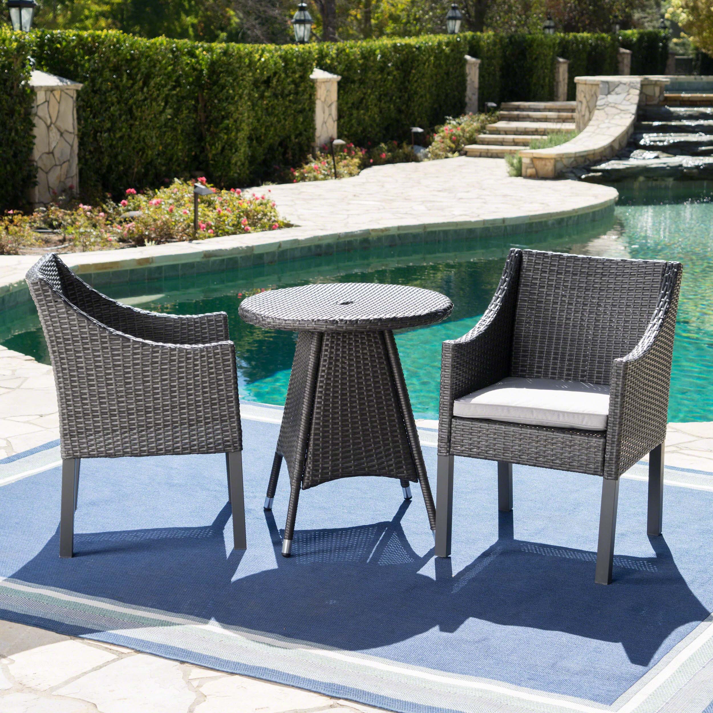 Leo Outdoor 3 Piece Wicker Round Dining Set with Cushions, Grey, Silver