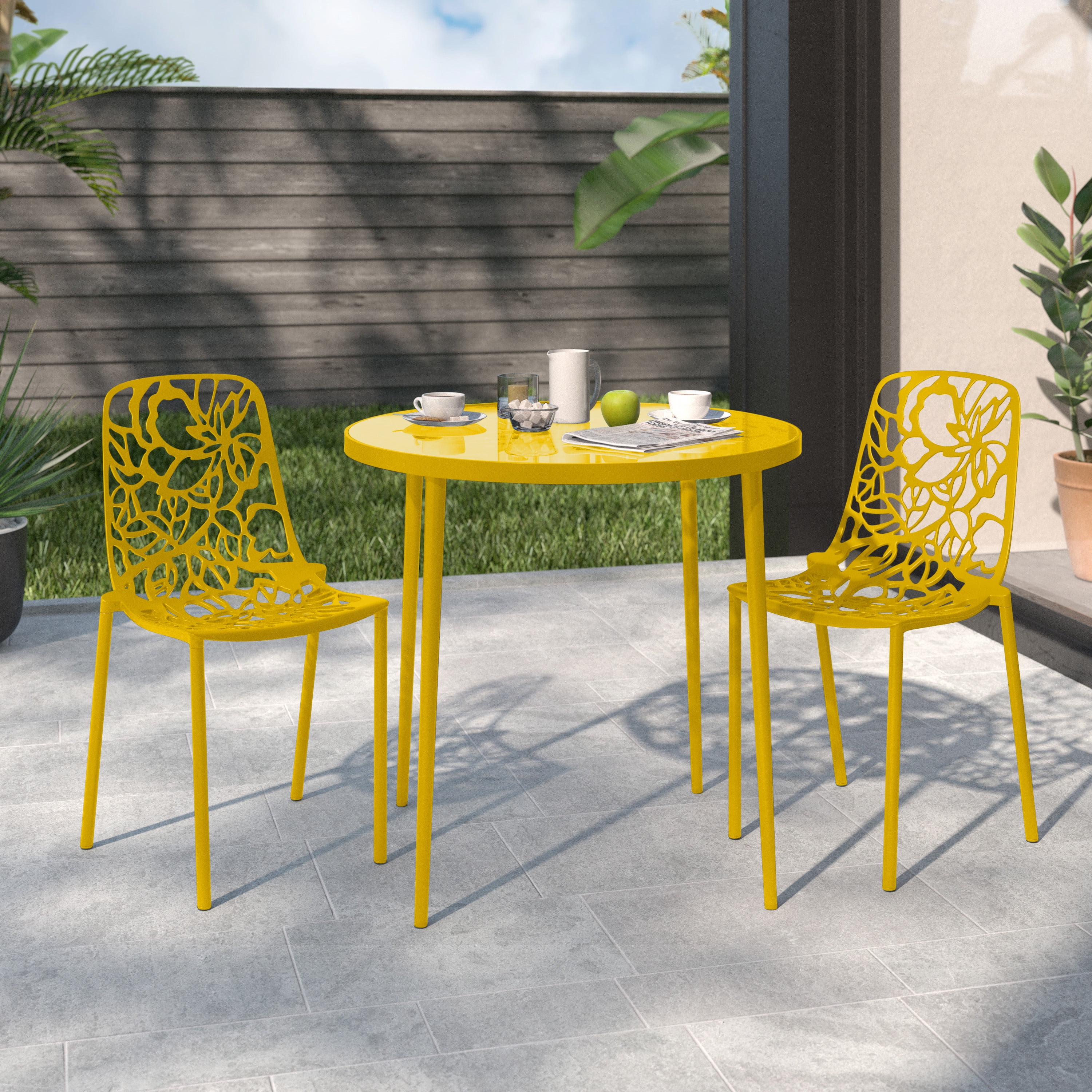 LeisureMod Devon Modern Aluminum Outdoor Dining Chair Set of 2 in Yellow
