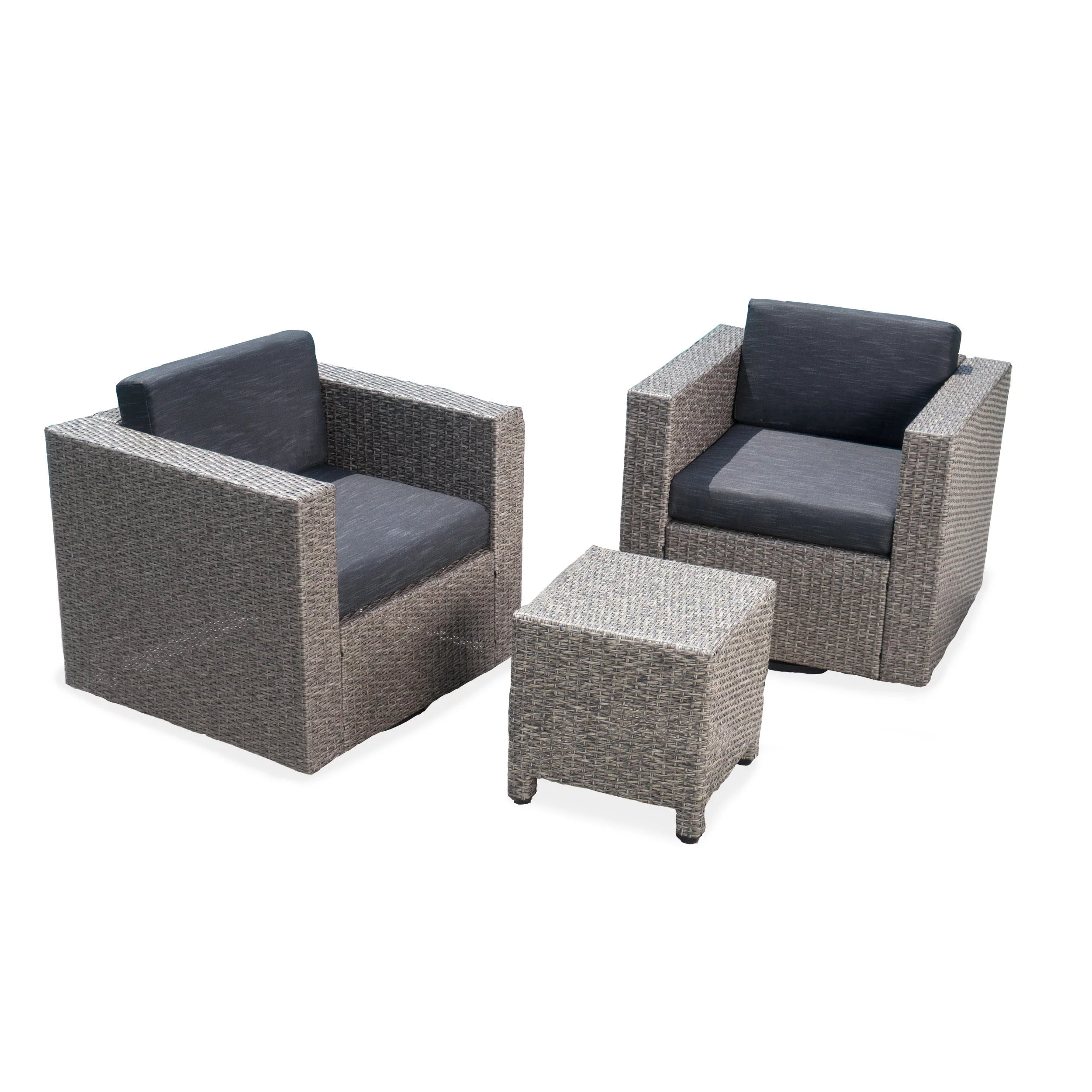 GDF Studio Venice Outdoor Wicker 3 Piece Swivel Chat Set with Water Resistant Fabric Cushionsm, Mixed Black and Dark Gray