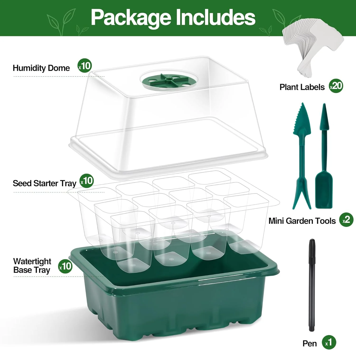 10 Pack Seed Starter Tray, 120 Cells Seed Starter Kit with Humidity Dome, Heightened Lids Seedling Starting Trays Reusable Mini Greenhouse Germination Kit for Seeds Growing (Green)