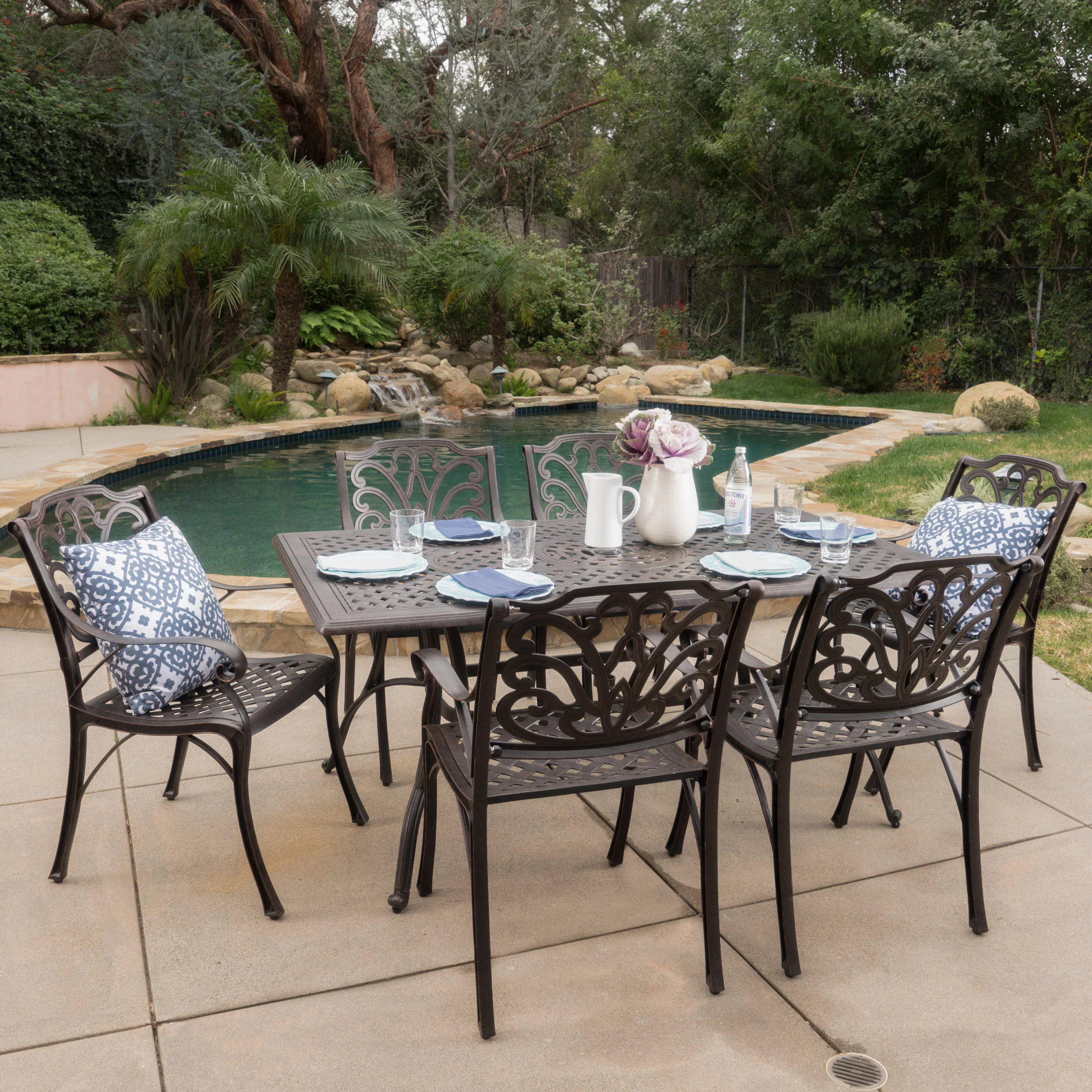 GDF Studio Fonzo Outdoor Cast Aluminum 7 Piece Rectangular Dining Set, Bronze