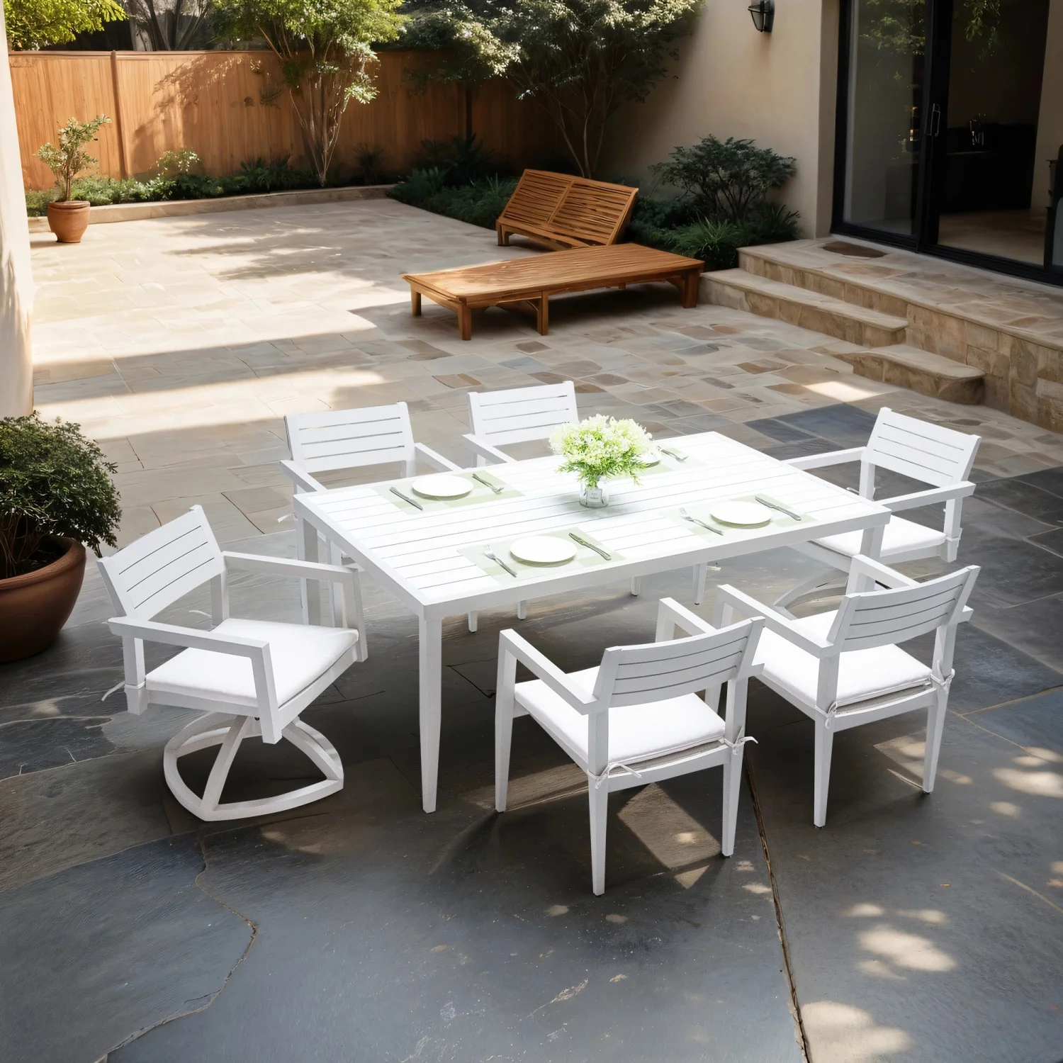Stylish Modern 7PC Aluminum Patio Furniture Set with Sunbrella Fabric Cushioned Dining Chairs & Swivel Rockers - Two-tone Matte White and Grayish Table Top - Includes Rectangle Table with