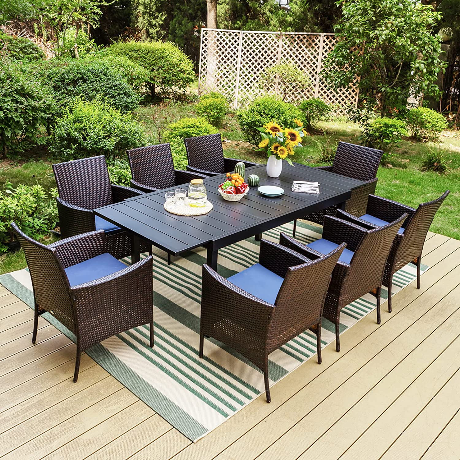 & William 9 Pieces Patio Dining Furniture for 6-8 People  Outdoor PE Rattan Chairs and Expandable Rectangle Metal Table Set  Modern Outside Dining Set with Cushions for Porch  Backyar