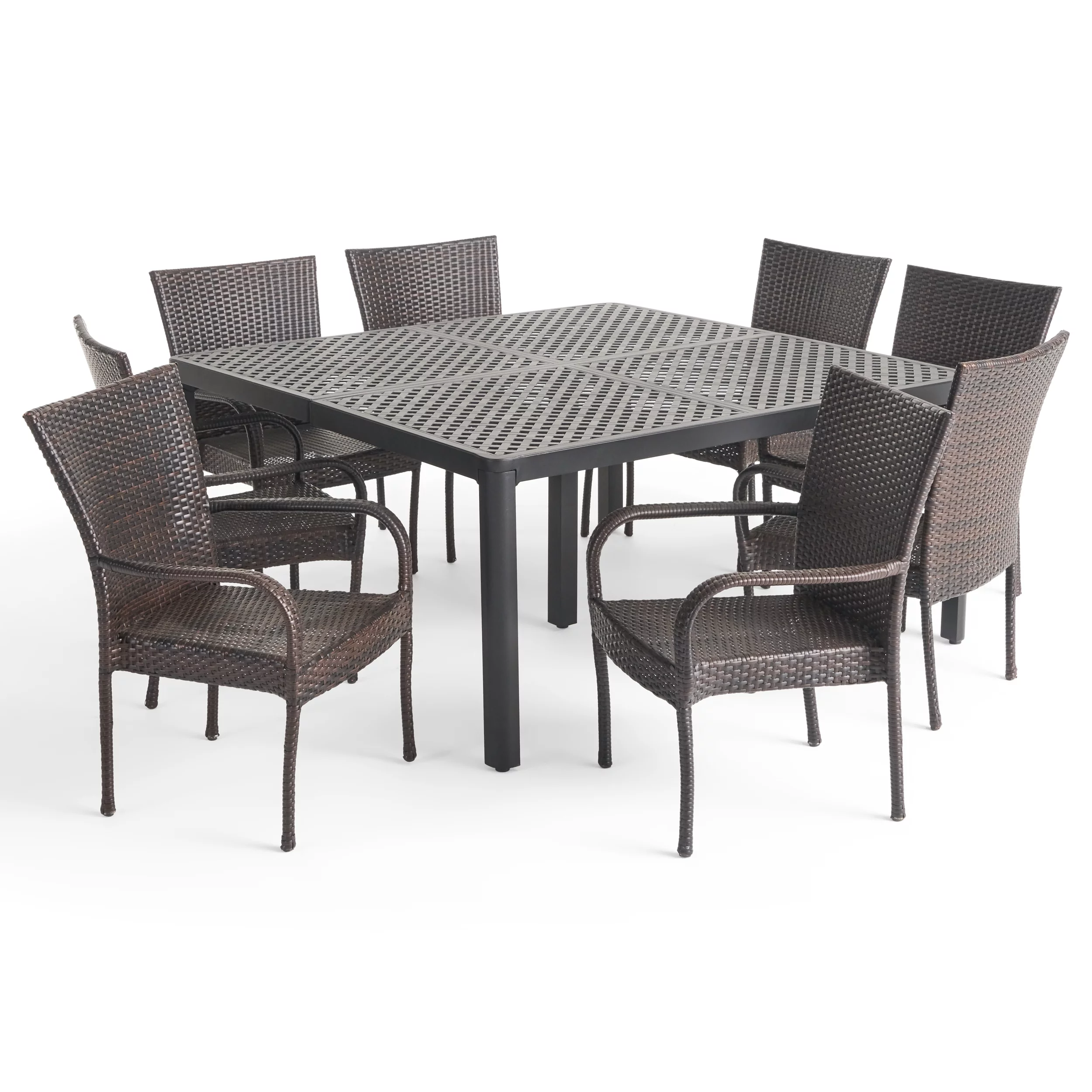 Dawson Outdoor 8 Seater Aluminum and Wicker Dining Set with Stacking Chairs, Matte Black, Multibrown